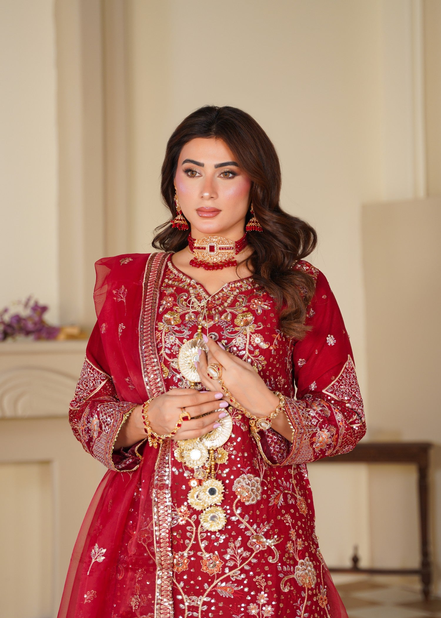 chiffon Sharara in Gold, rose red