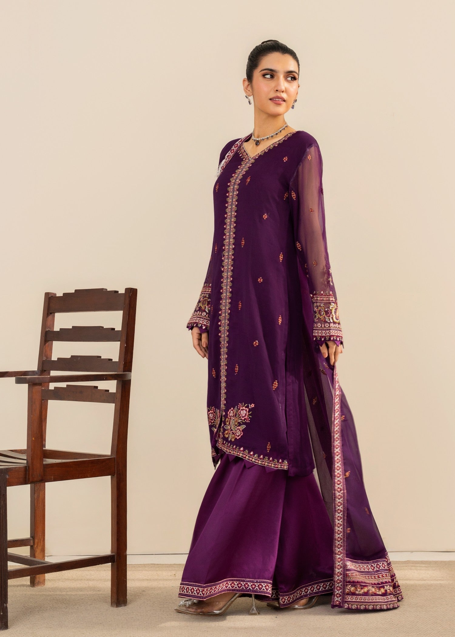 chiffon Kurta Set in Purple rain