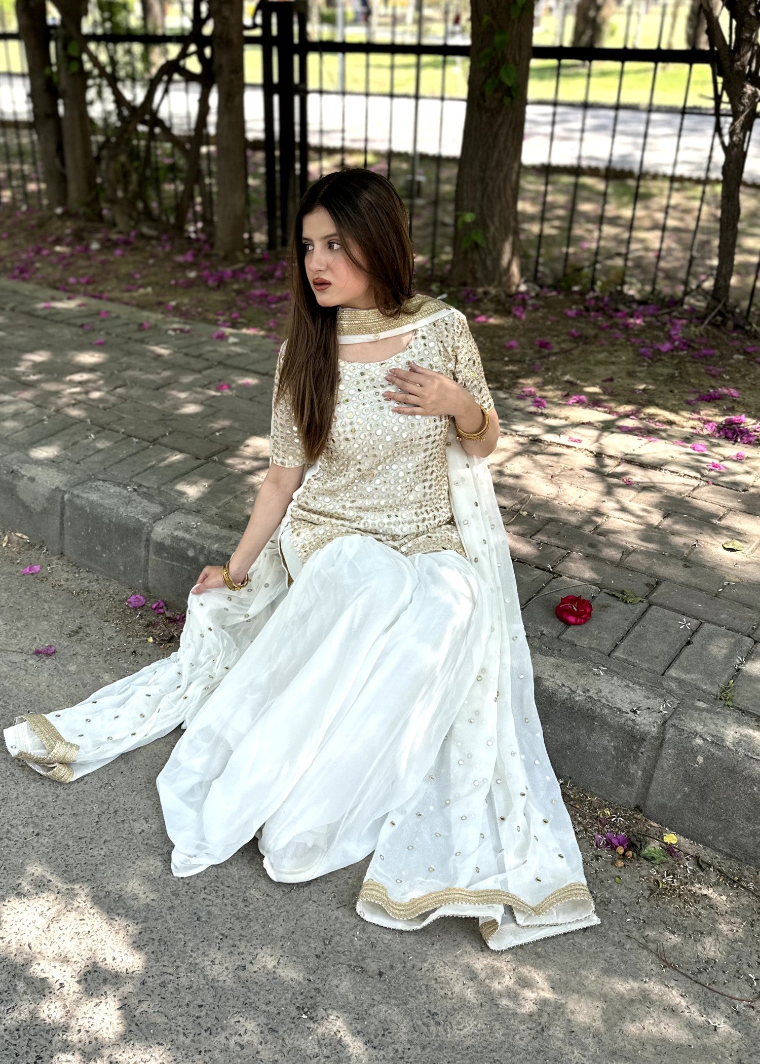 bemberg crinkle chiffon Gharara in White