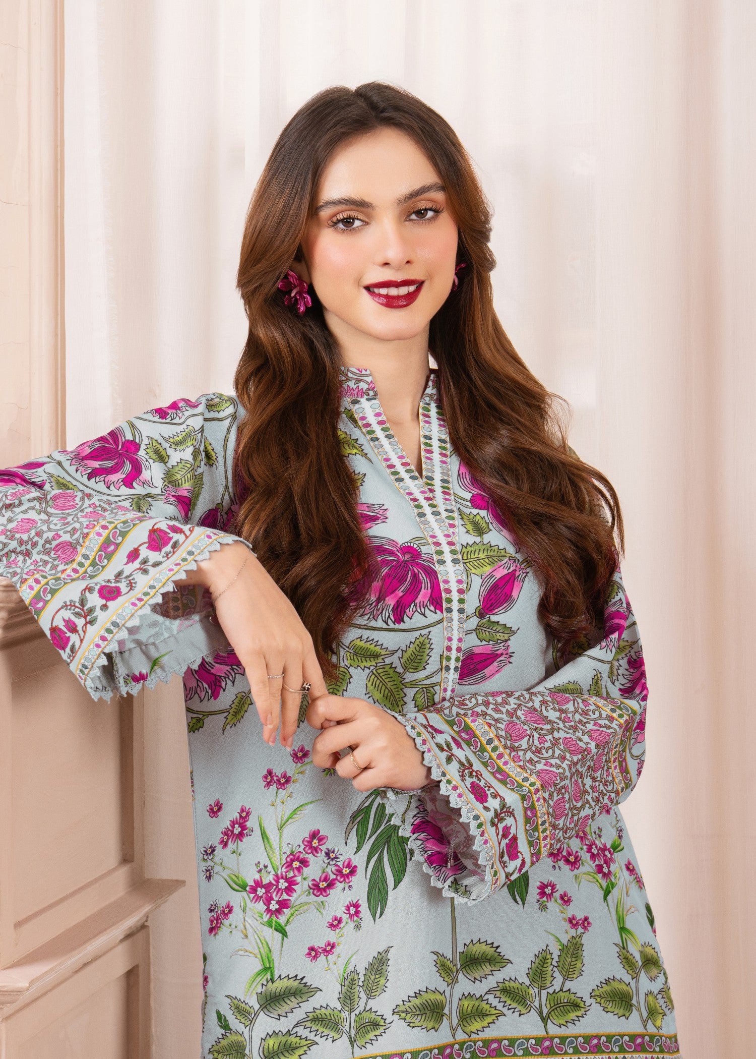 silk finish lawn Kurta Set in Moss green