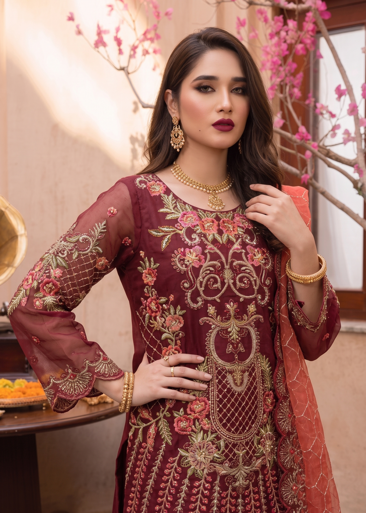 organza Gharara in Maroon