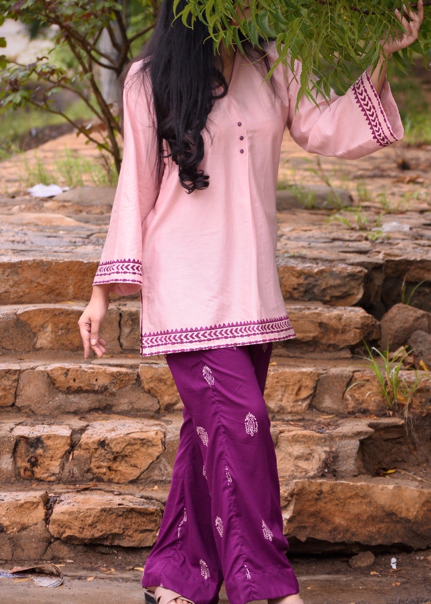 lawn Kurta Set in Plum, rose pink