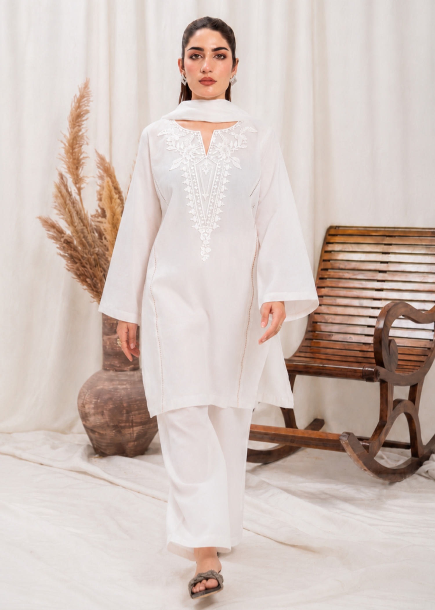 lawn cotton Kurta Set in White