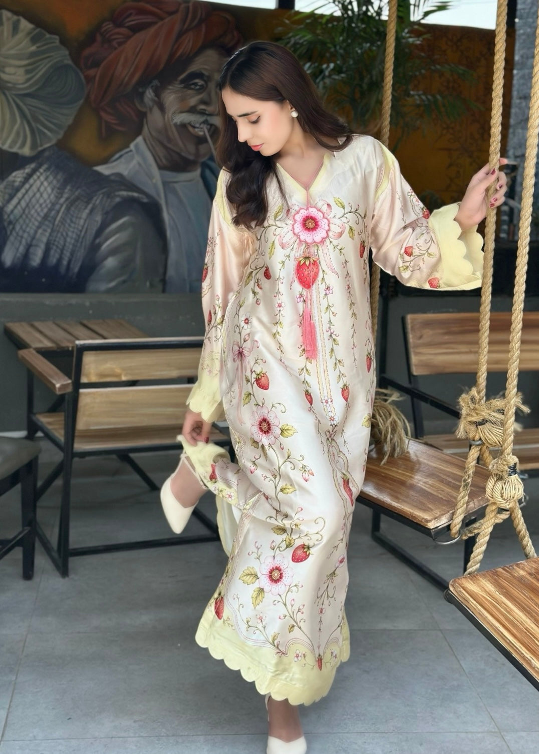 pk charmuse silk Kaftan in Cream, vanilla
