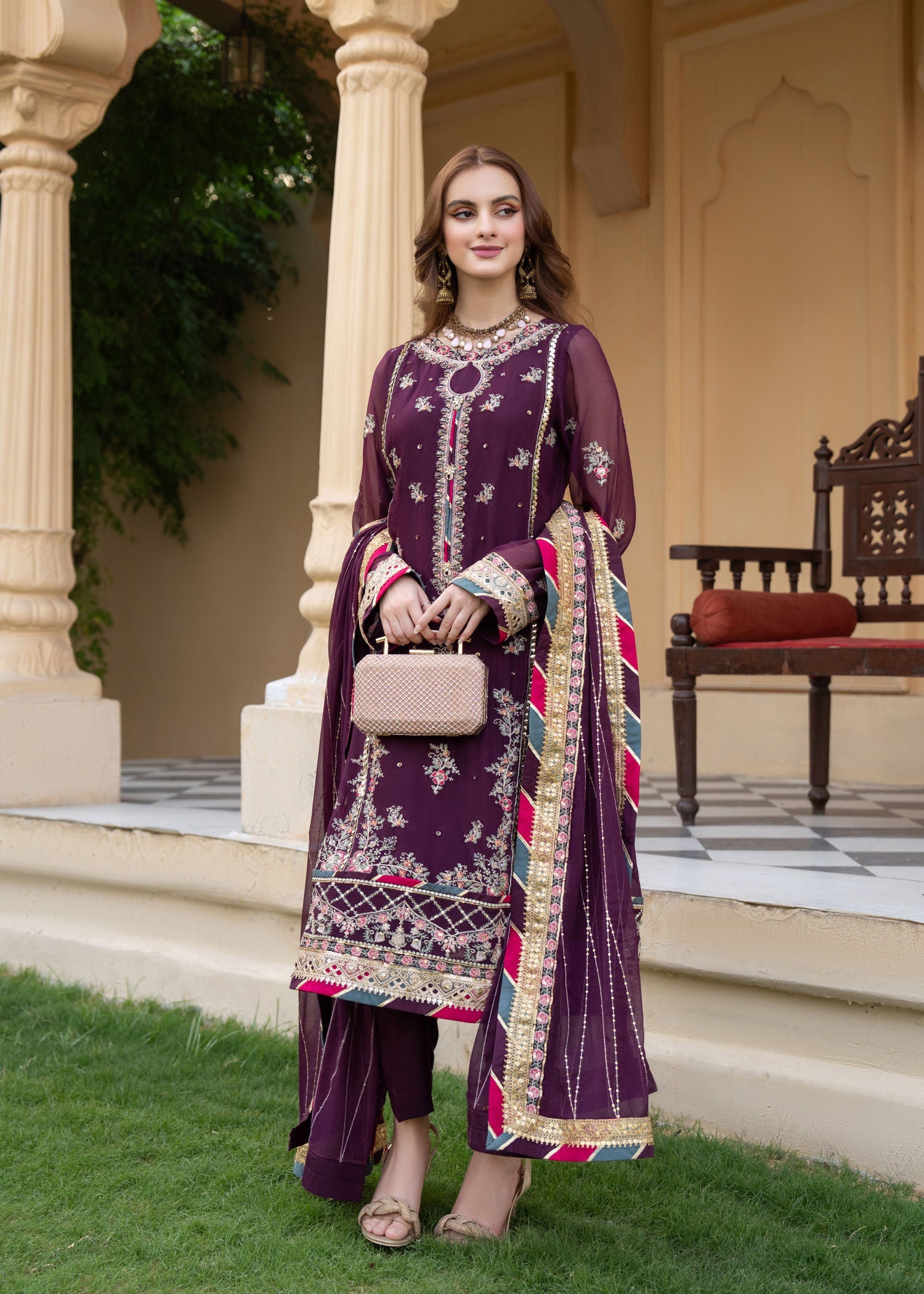 chiffon Kurta Set in Plum