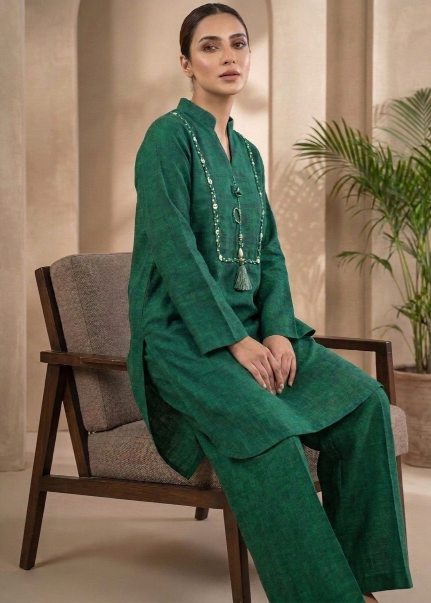 jacquard Kurta Set in Bottle green