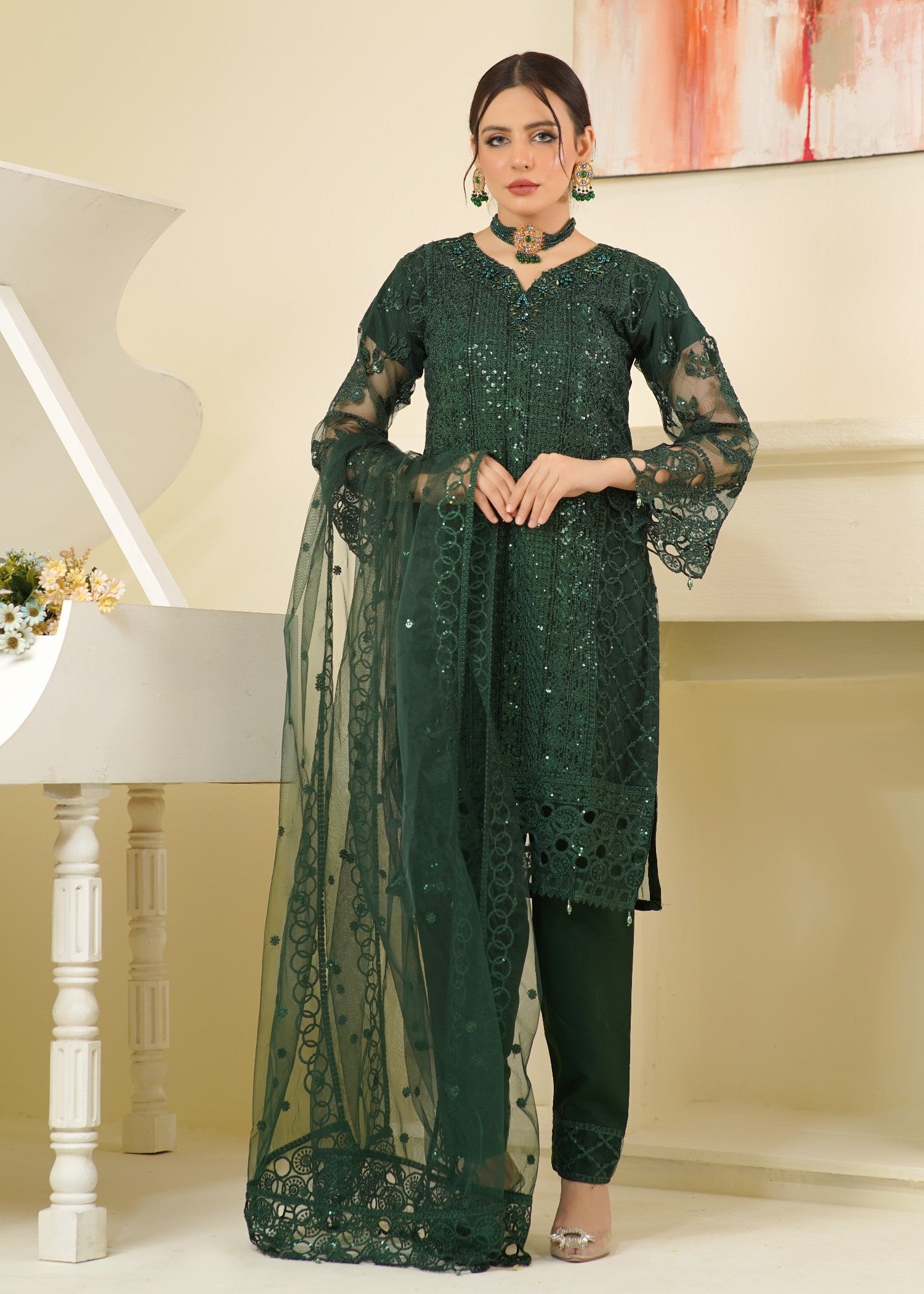 net Kurta Set in Green