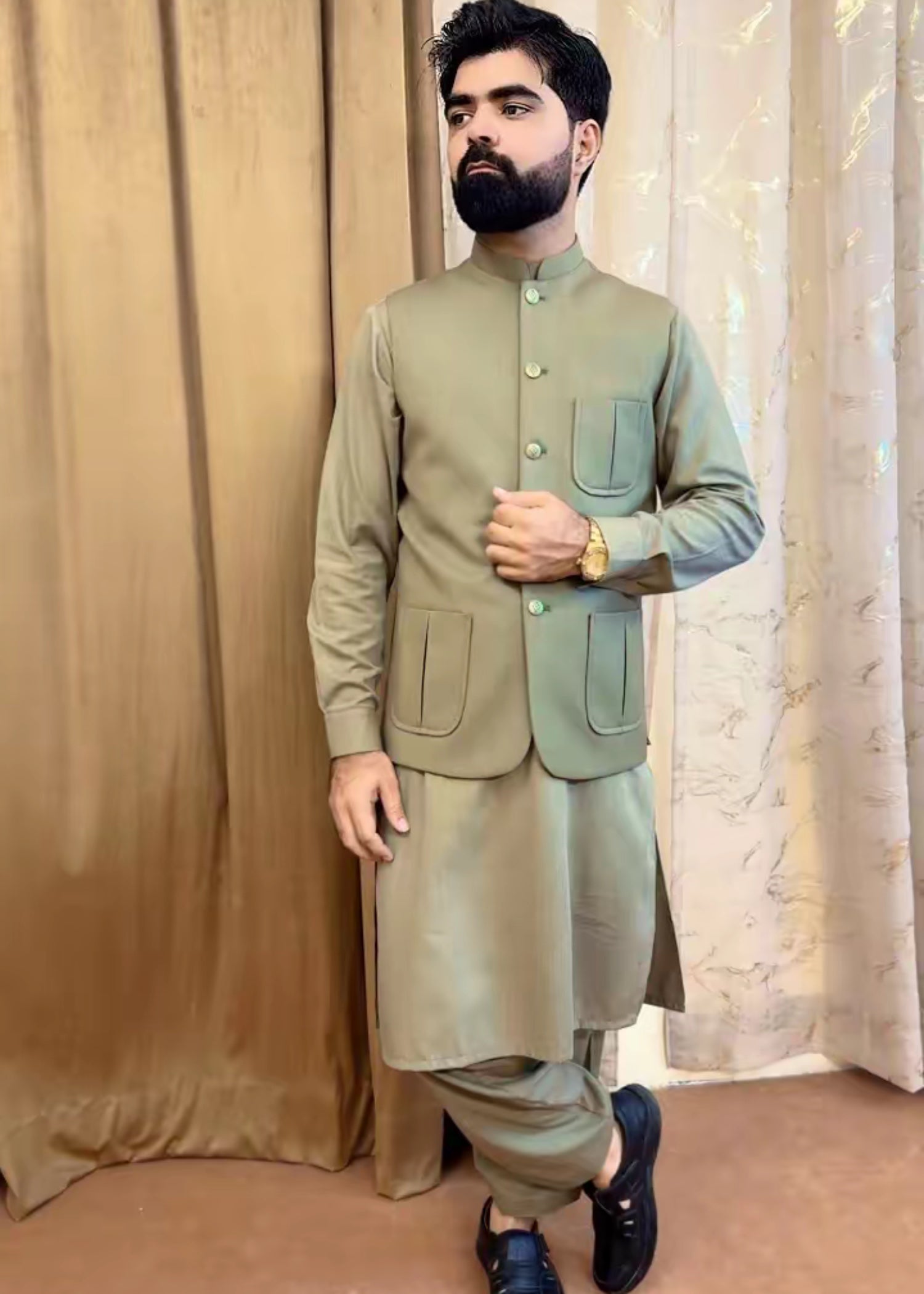 tropical Waistcoat in Sage green by Bin Inam Legacy