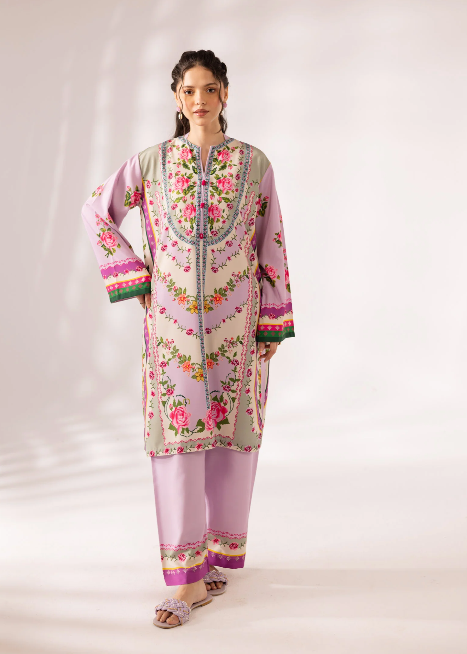 slub khaddar Kurta Set in Lilac