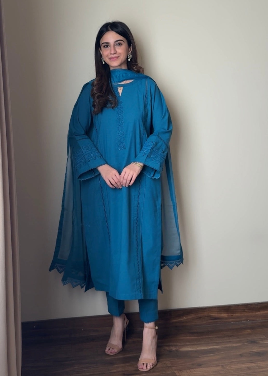 slub cambric Kurta Set in Blue