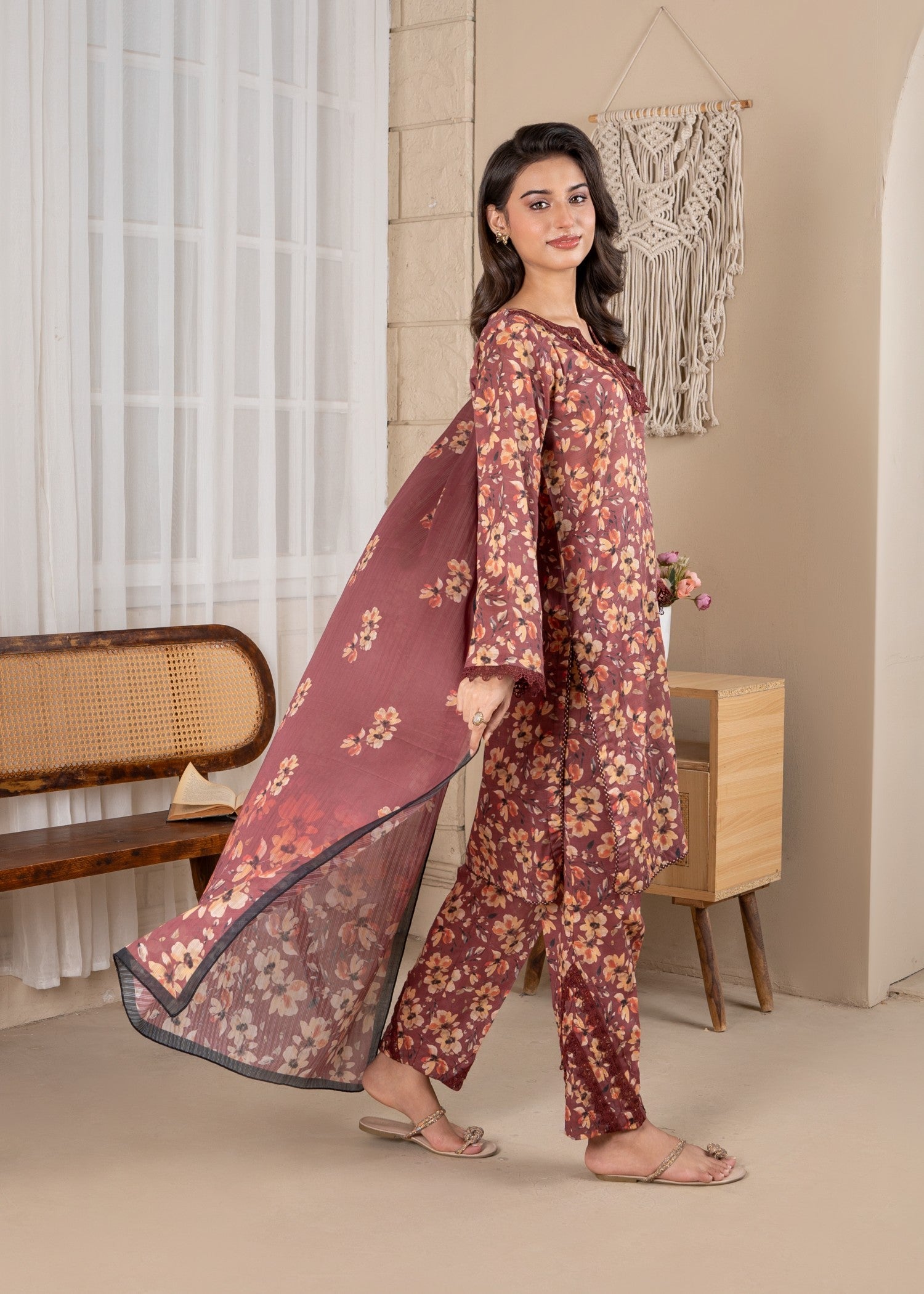textured lawn Kurta Set in Copper red