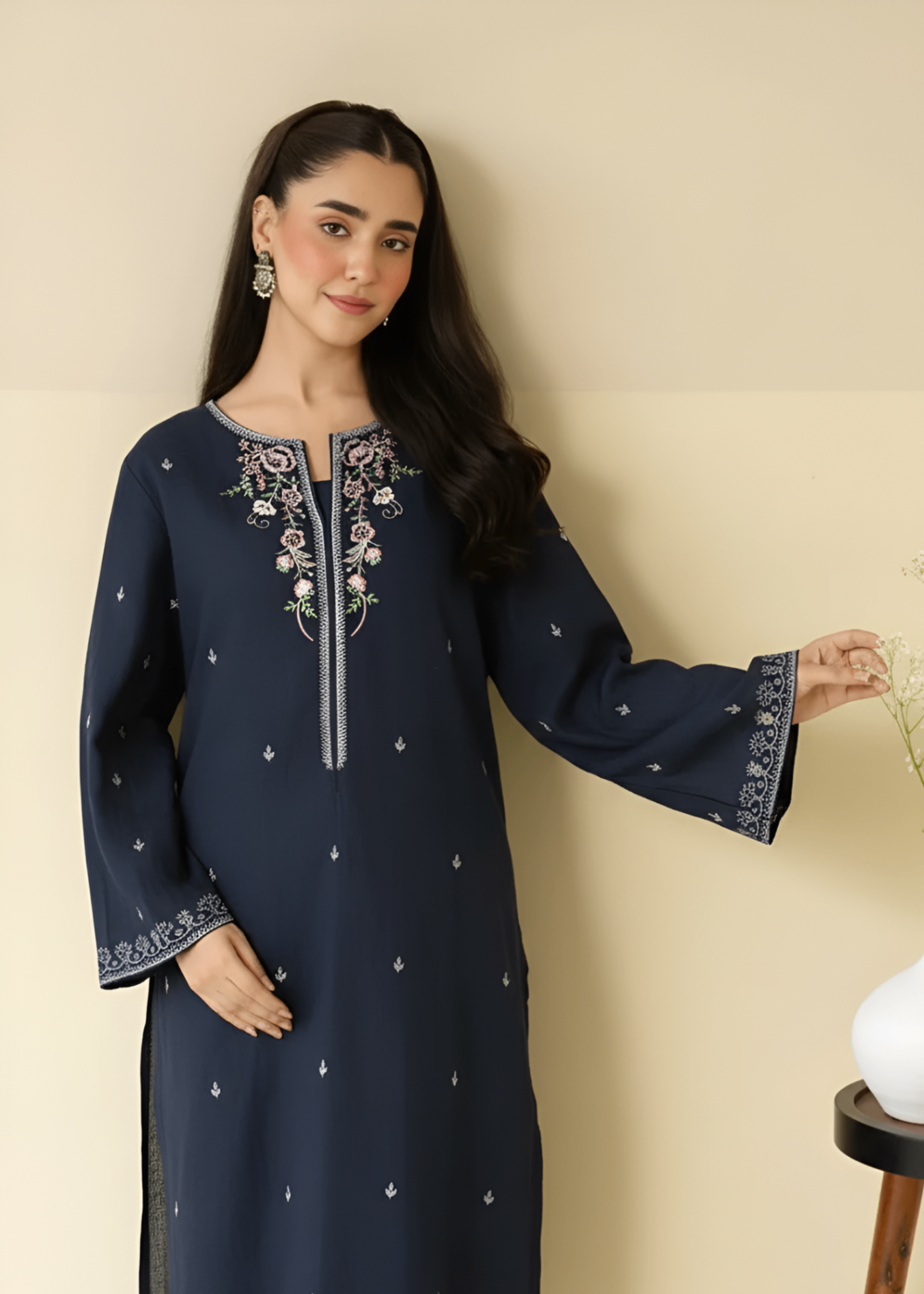 linen Kurta Set in Dark blue