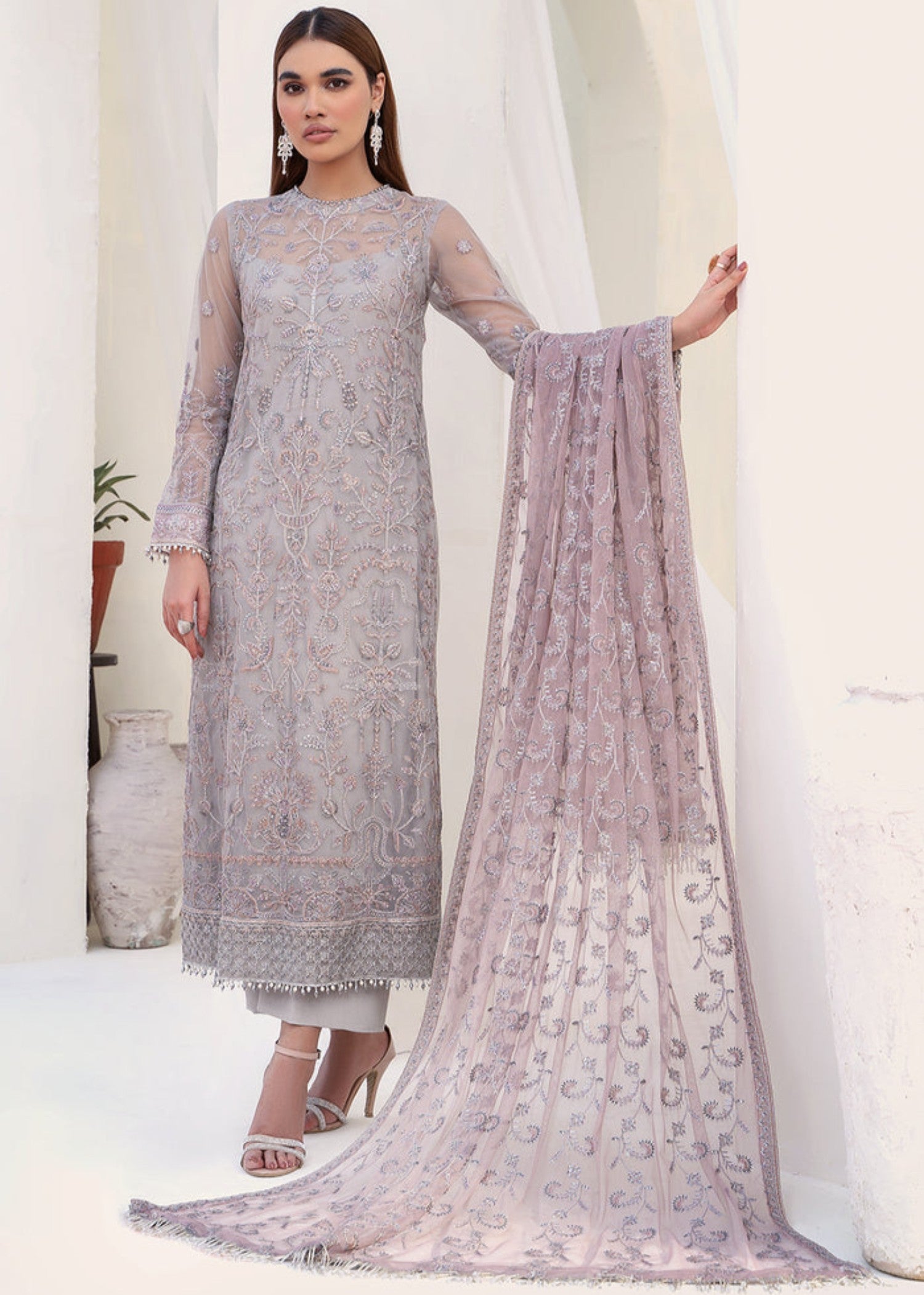 net Kurta Set in Grey