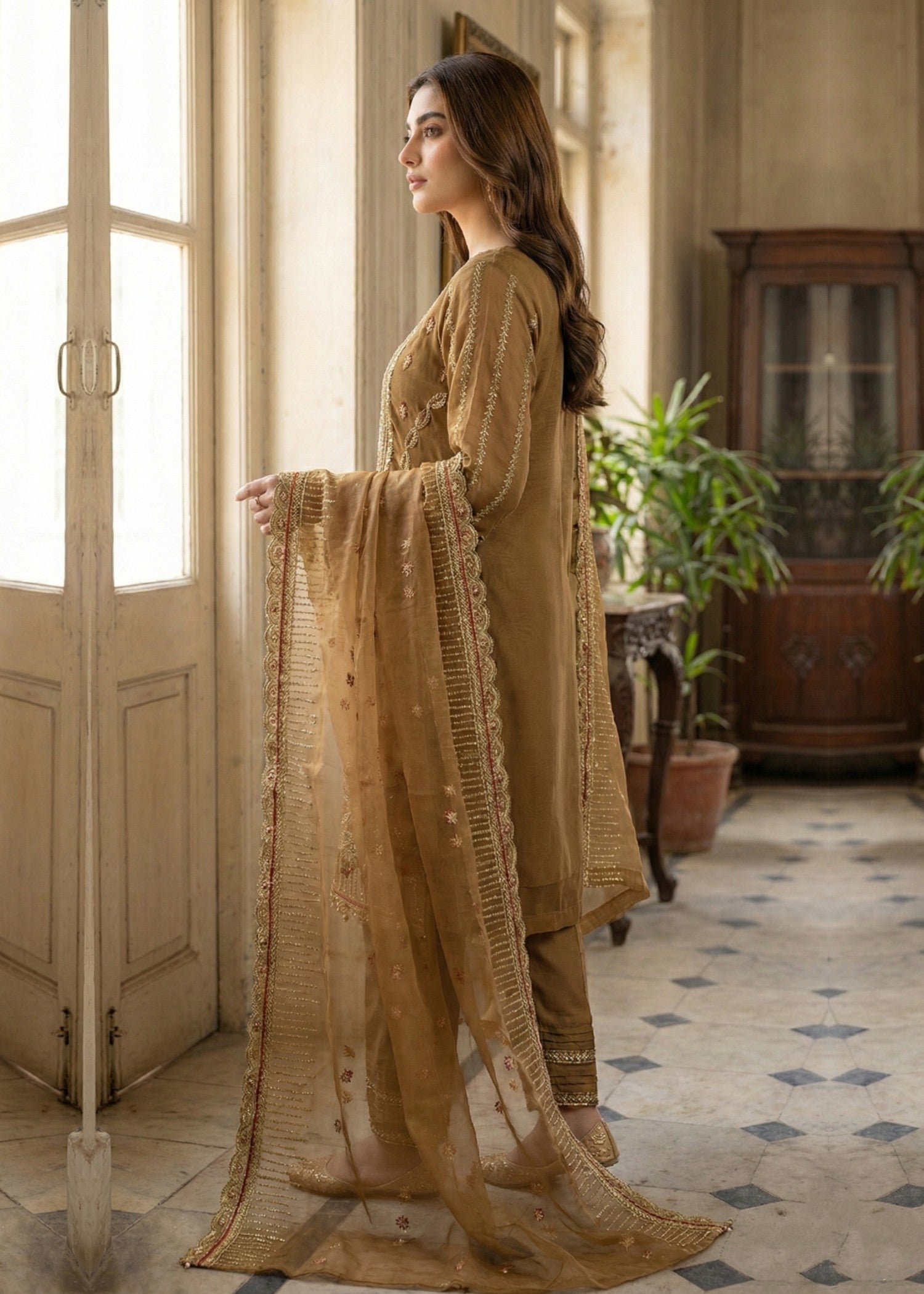 organza Kurta Set in Golden brown