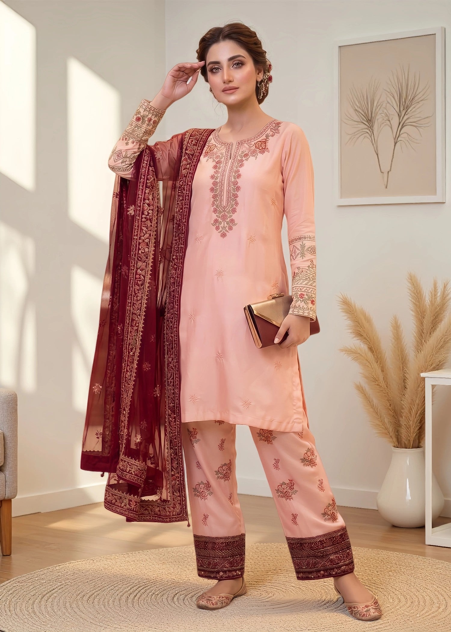 lurex grip Kurta Set in Peach pink