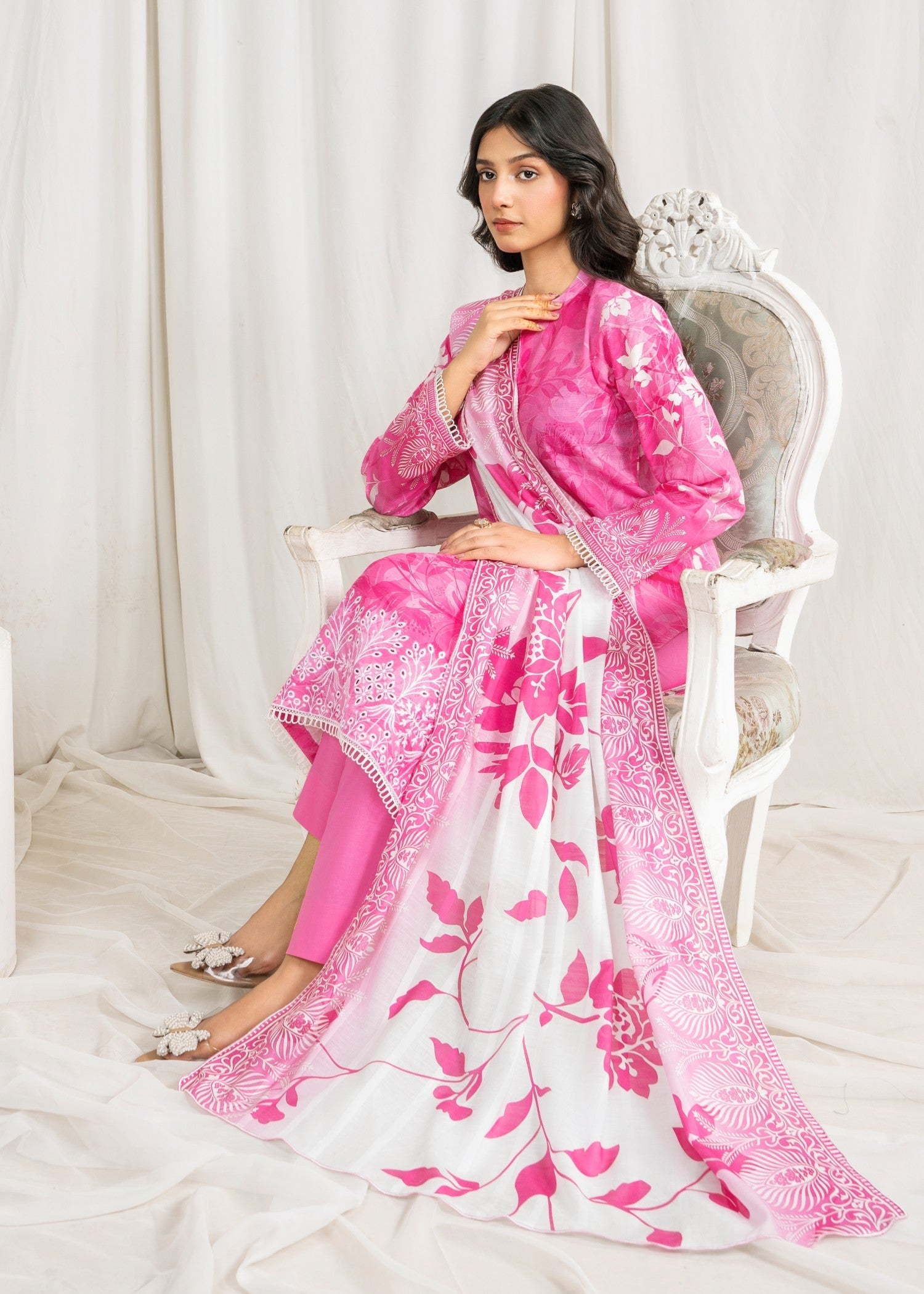 lawn Kurta Set in Hot pink red