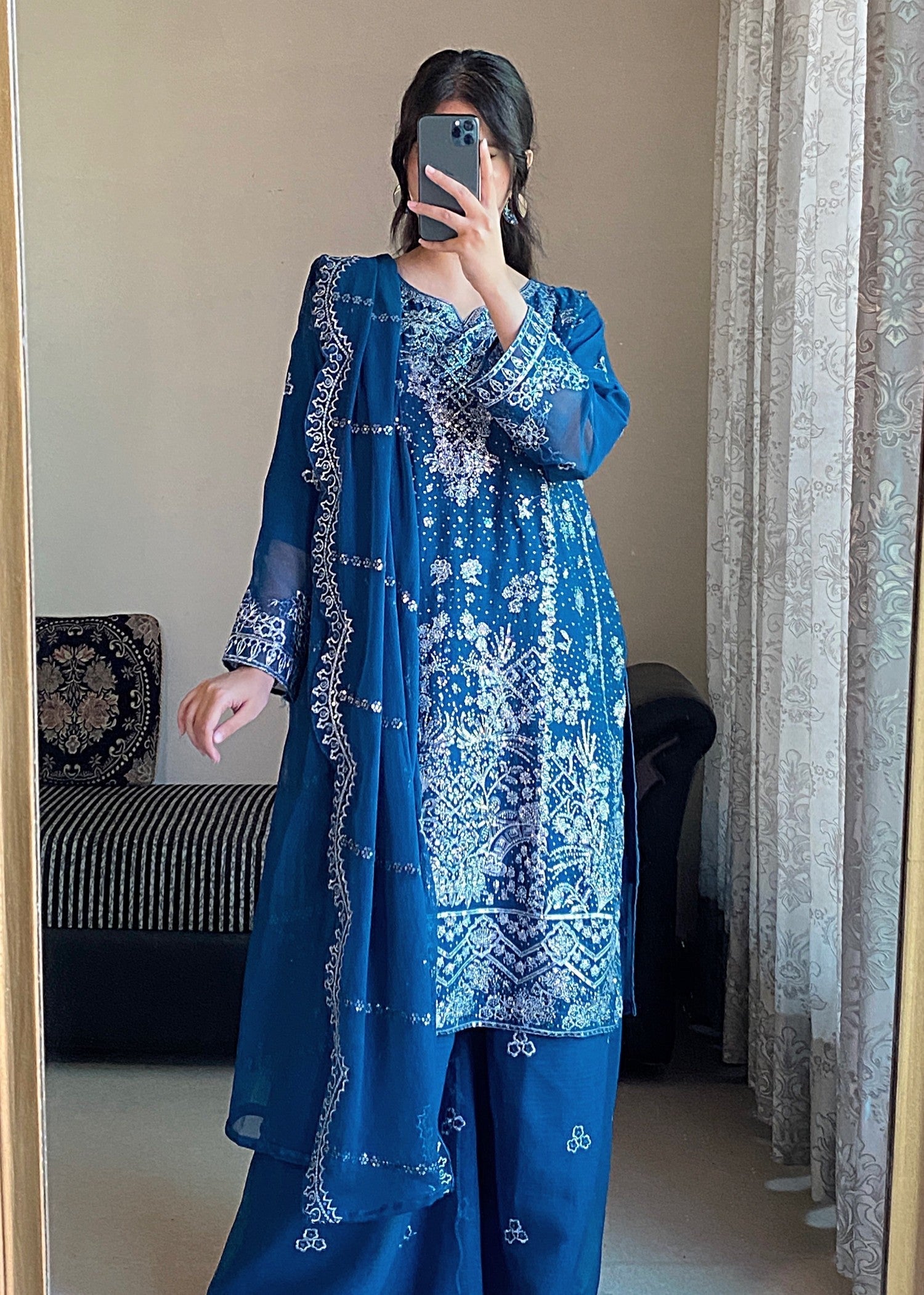 chiffon Kurta Set in Teal, blue