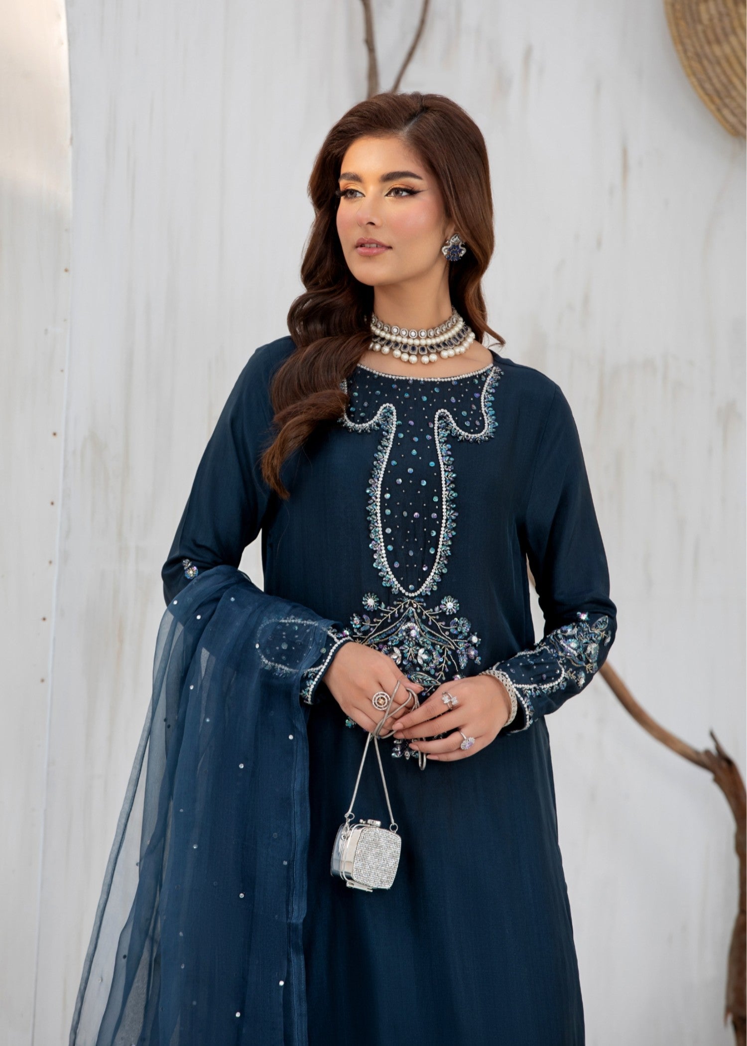 korean raw silk Kurta Set in Midnight blue