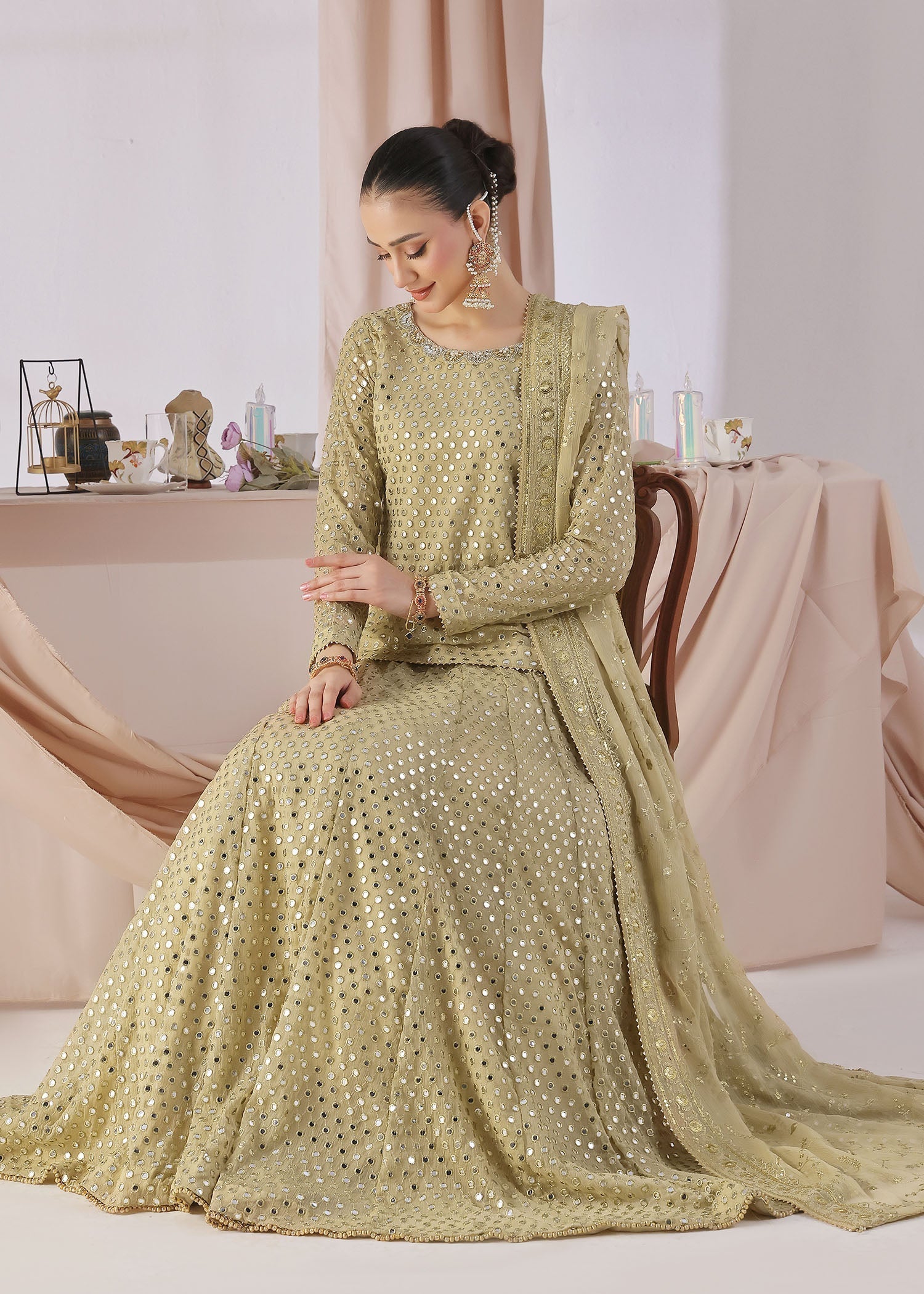 chiffon Lehenga in Pistachio green