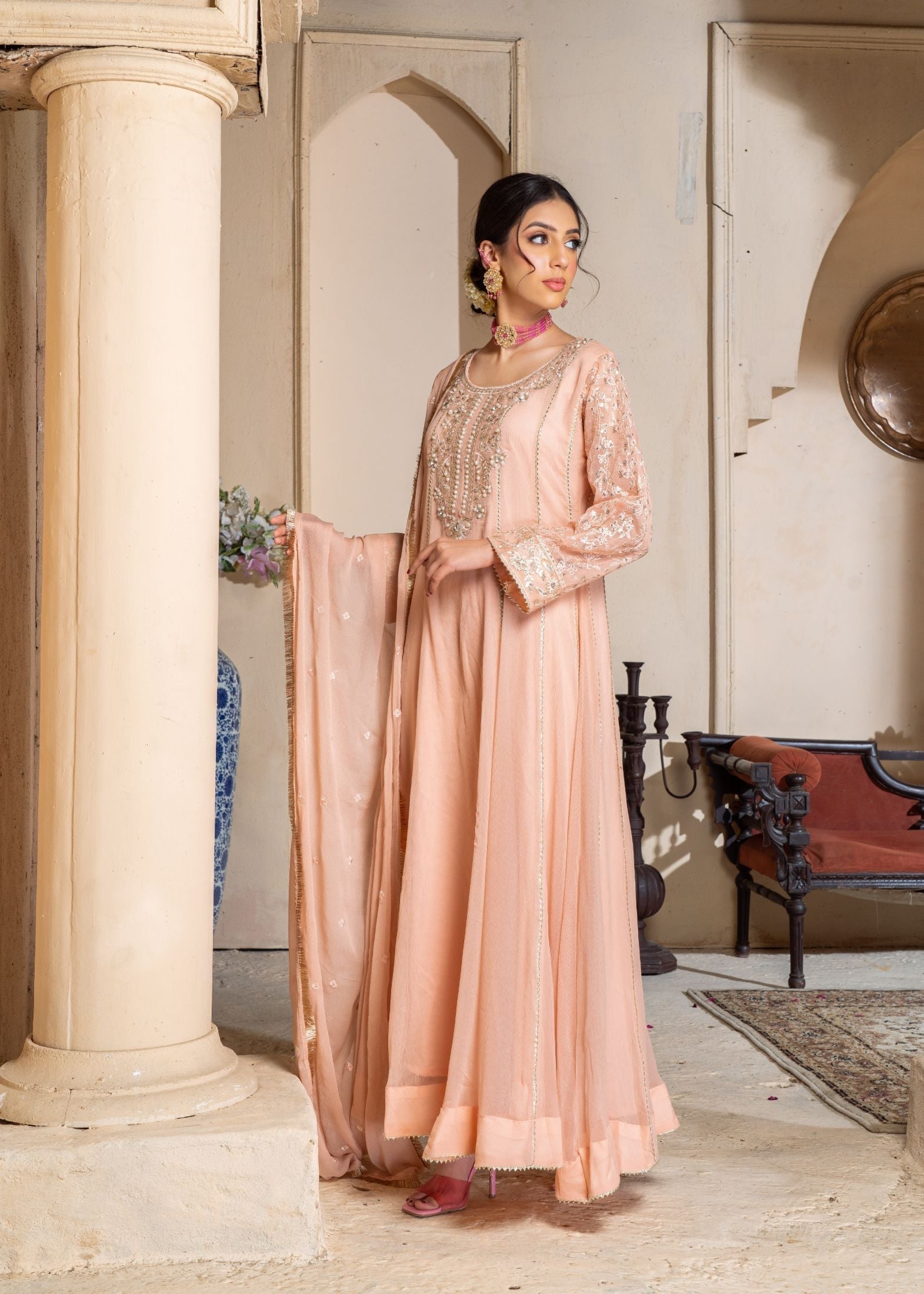 chiffon Anarkali in Peach pink