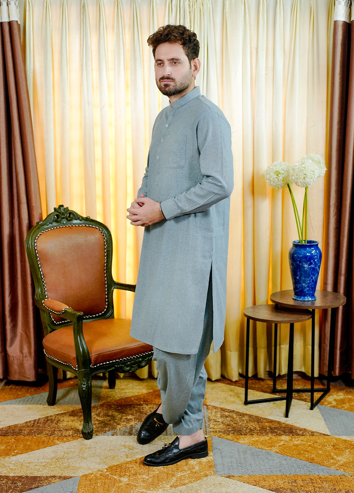 blended wool Shalwar Kameez in Frost blue