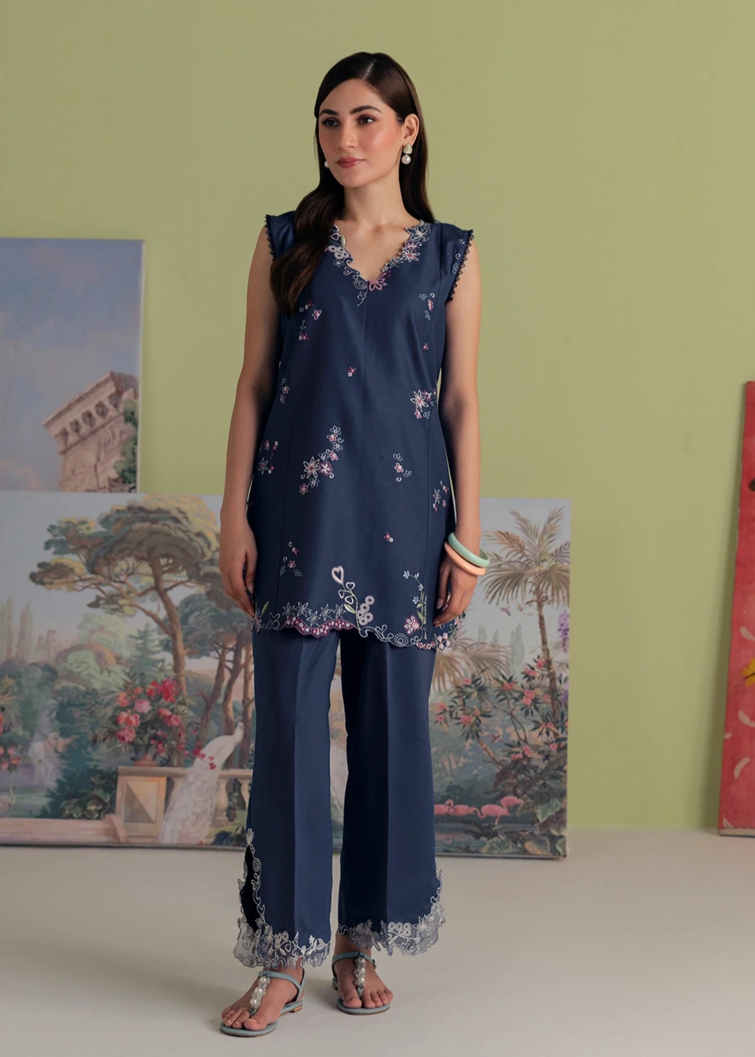 lawn cotton Kurta Set in Midnight blue