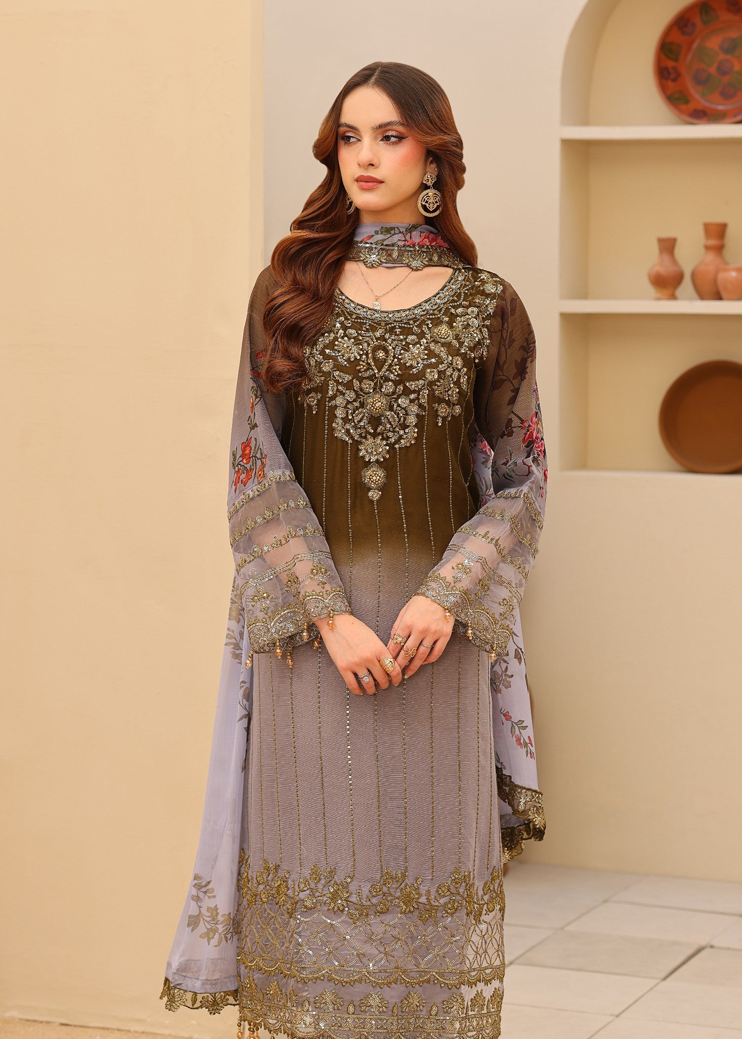 chiffon Kurta Set in Dark brown, grey