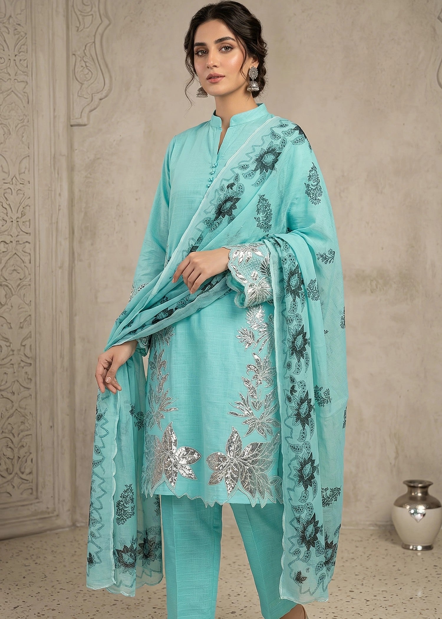 cambric cotton Kurta Set in Aquamarine