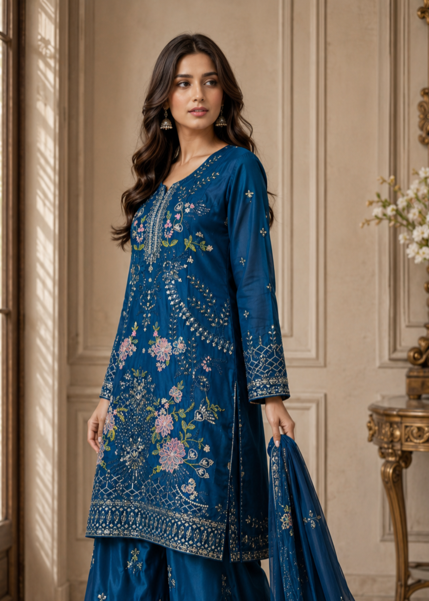 chiffon Kurta Set in Sapphire blue
