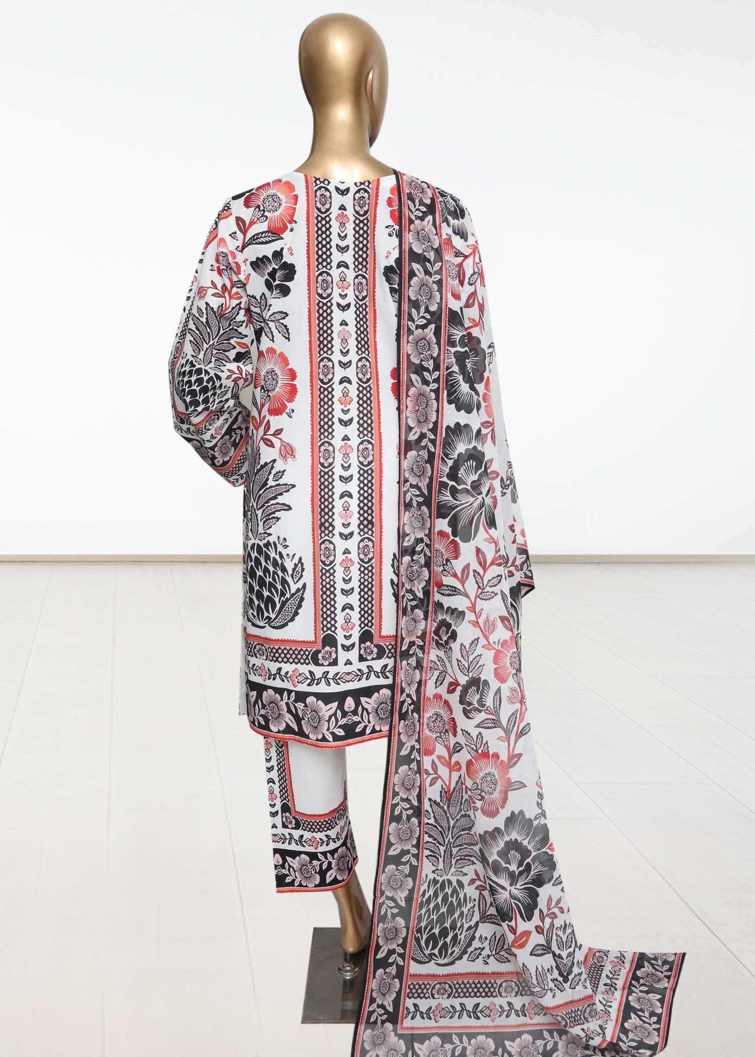 lawn Kurta Set in Black, white, chili red