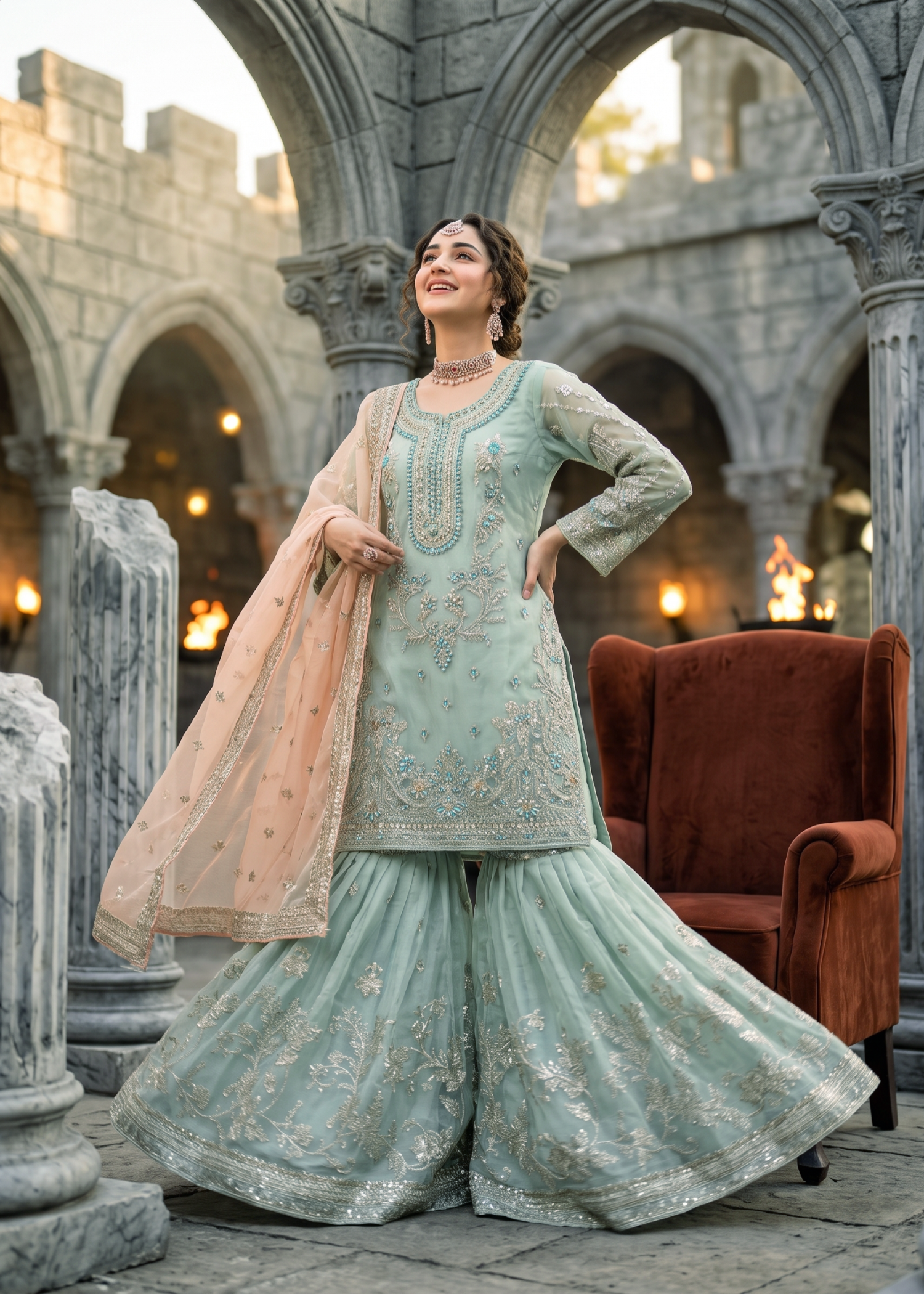 organza Gharara in Pastel green, peach pink