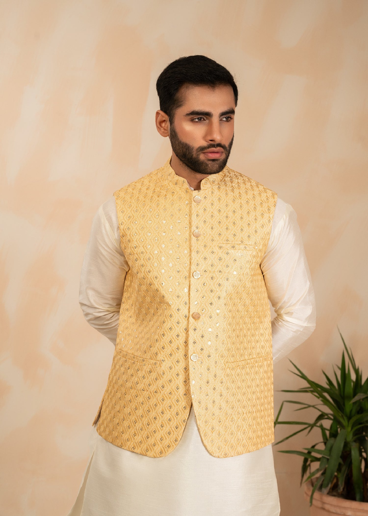 jamawar Waistcoat in Yellow