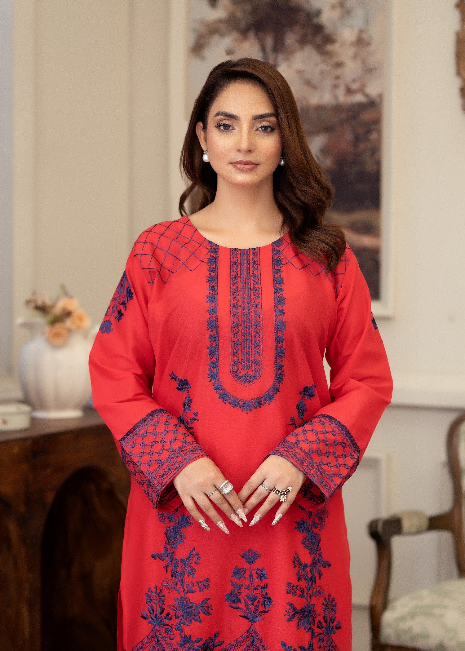 lawn Kurta Set in Rust red