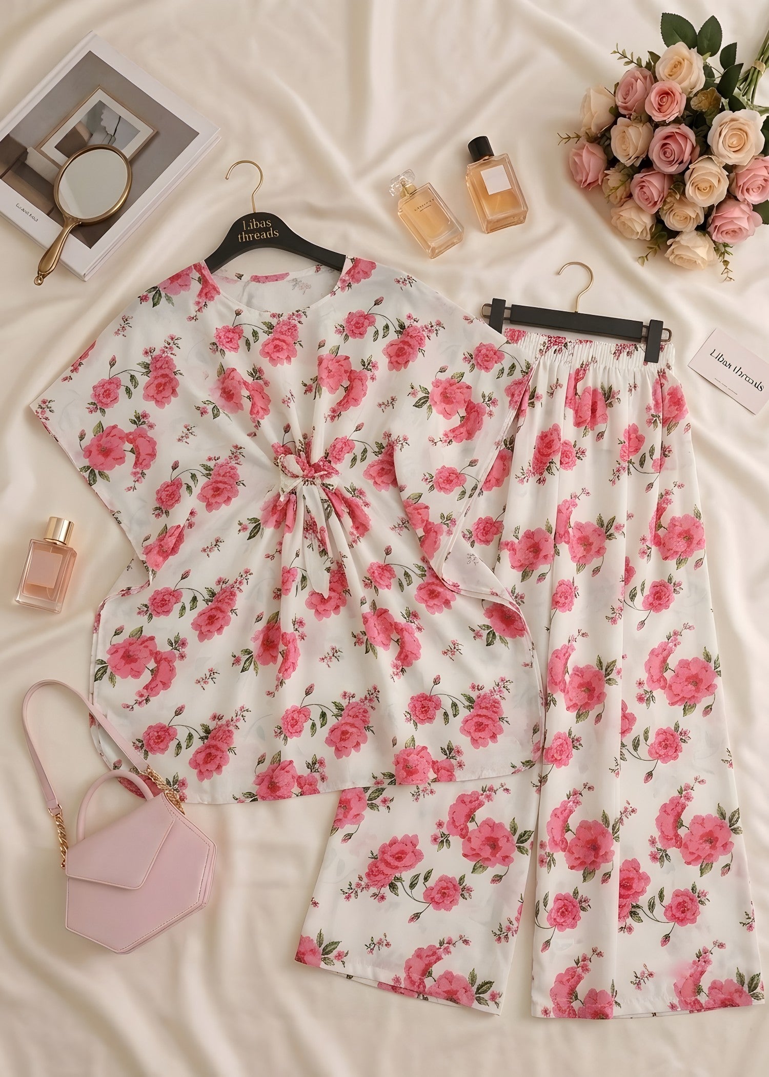 poly silk Kaftan in Flamingo