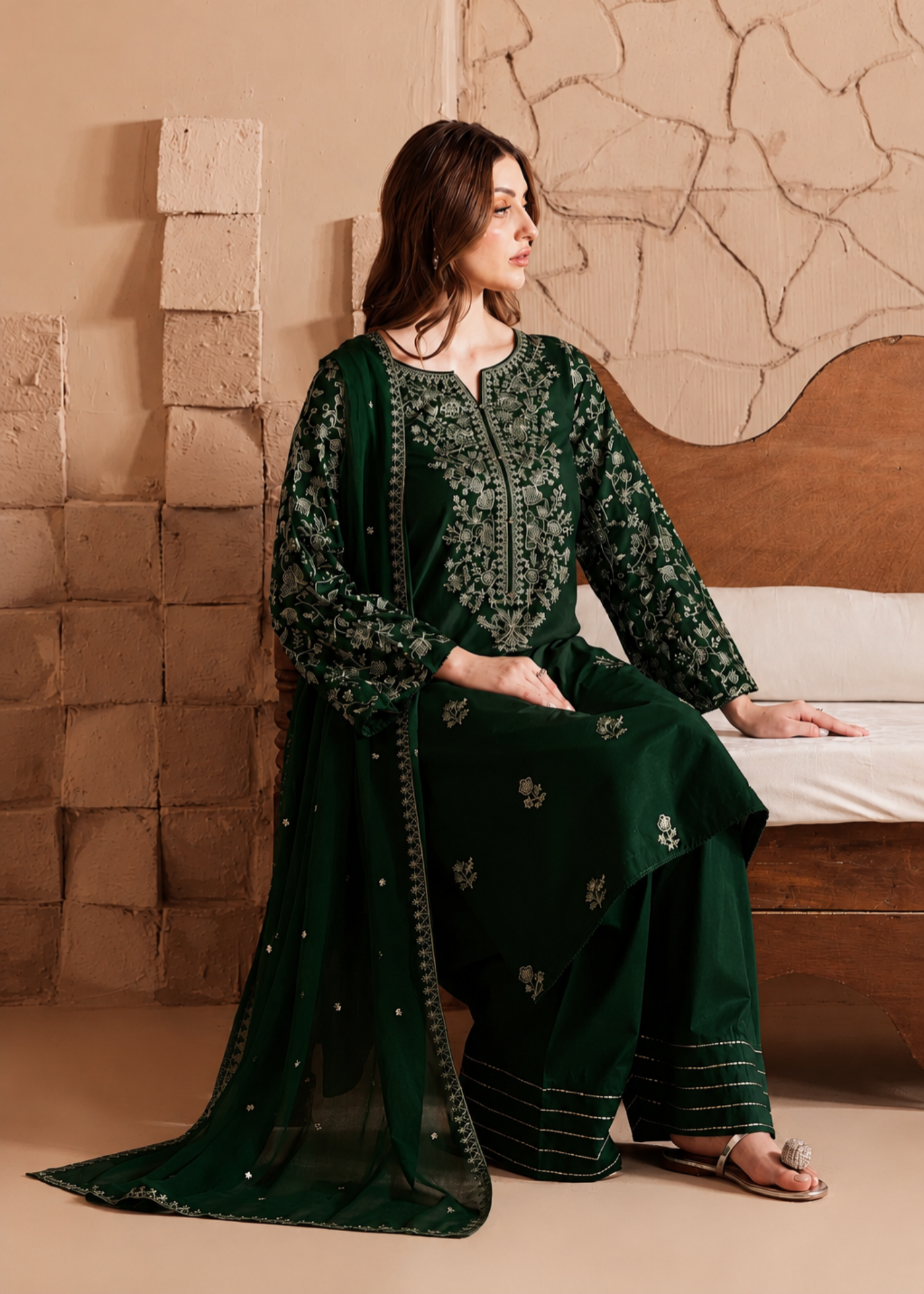linen Kurta Set in Hunter green