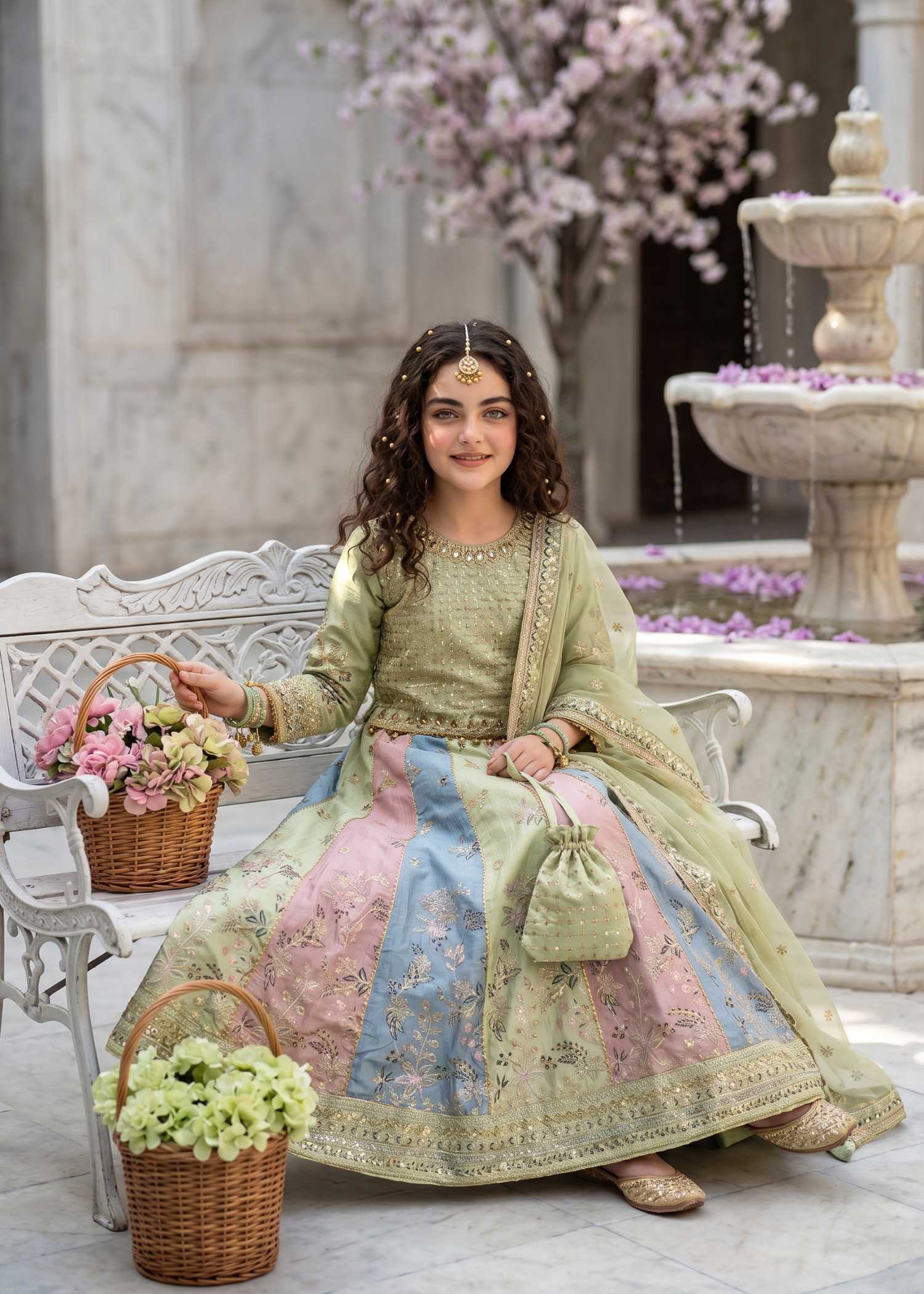 raw silk Lehenga in Multi, pistachio green