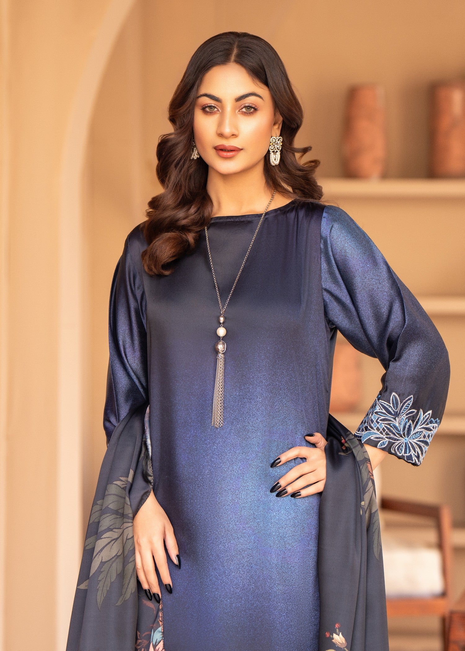 silk Kurta Set in Steel blue