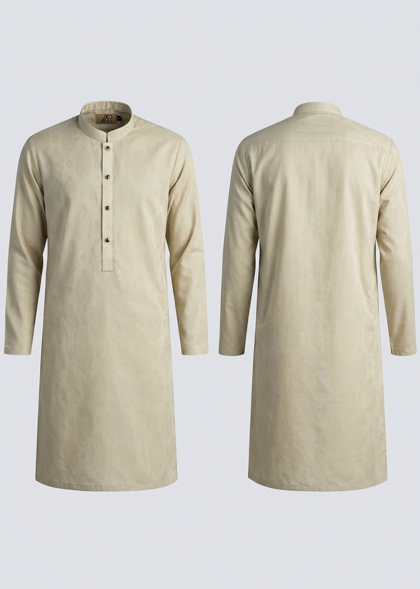 self jacquard Kurta in Beige by Atiq Ur Rehman