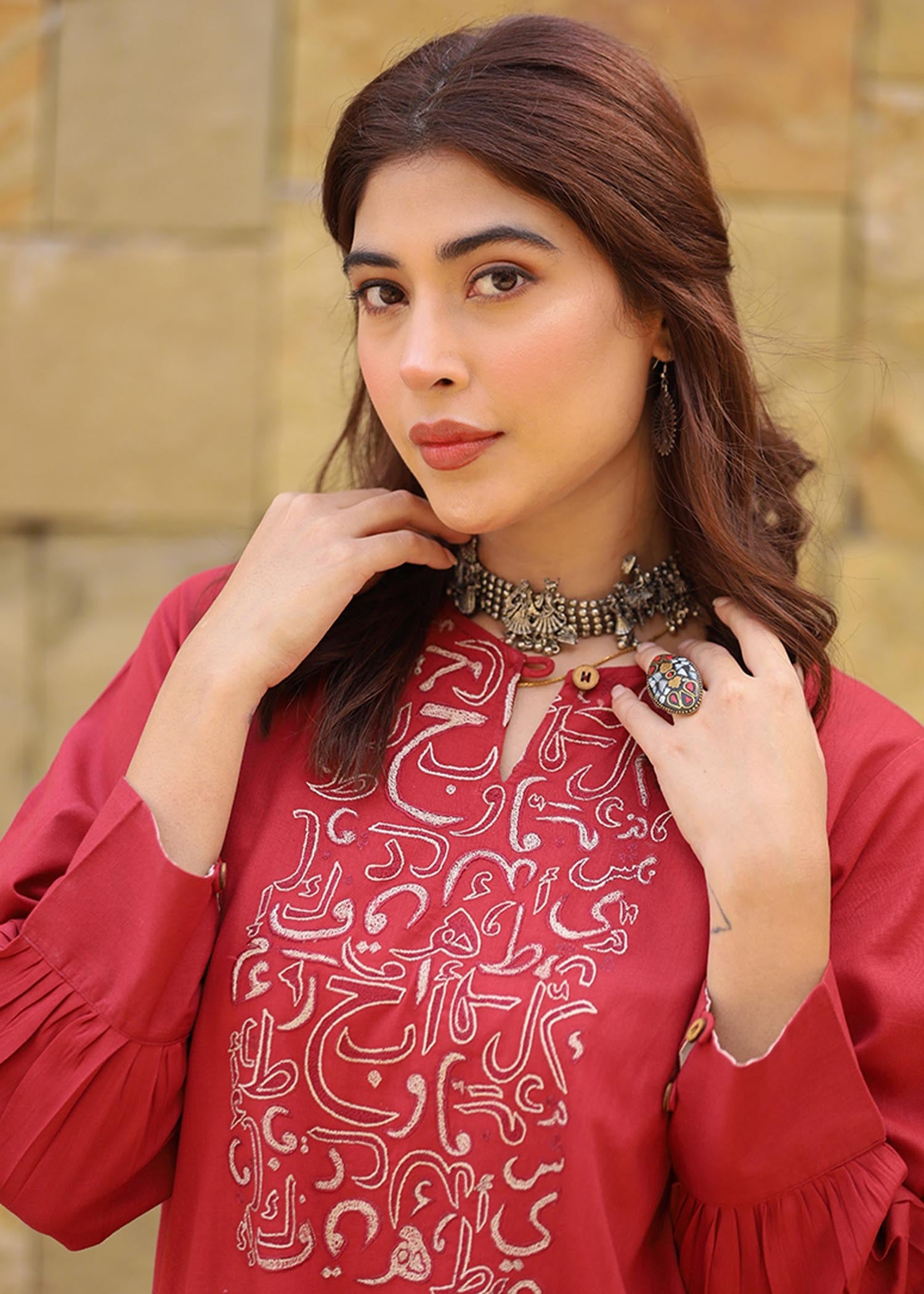 slub cambric Kurta Set in Maroon