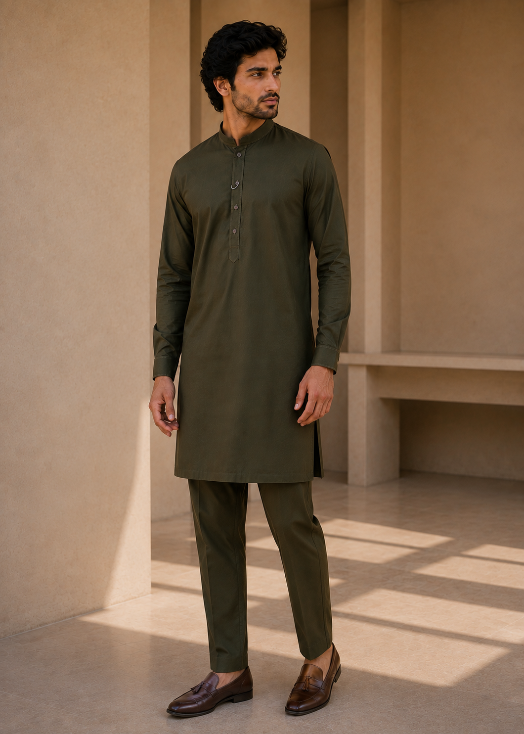 wash & wear Kurta Set in Black olive