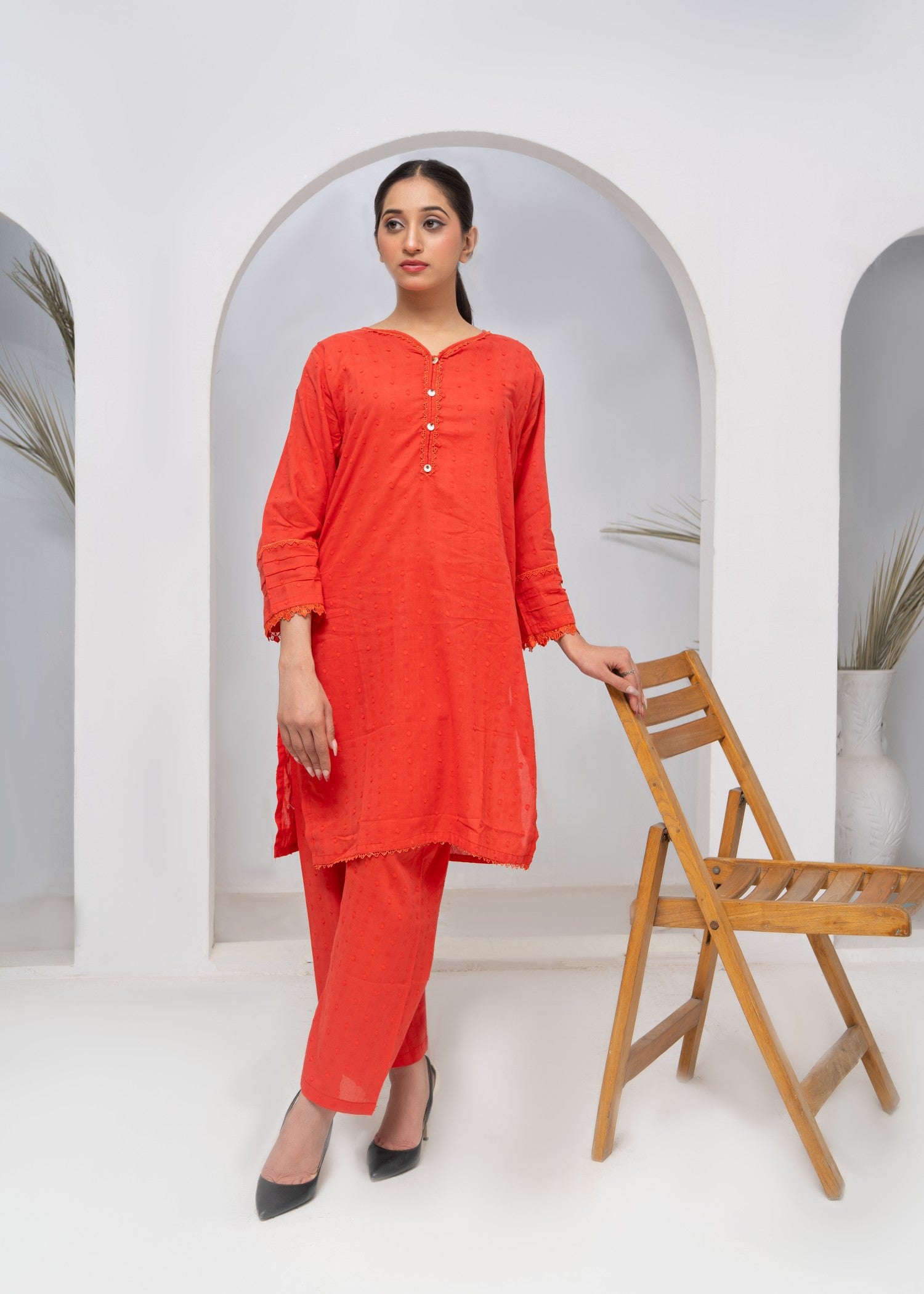 cotton Kurta Set in Cherry red