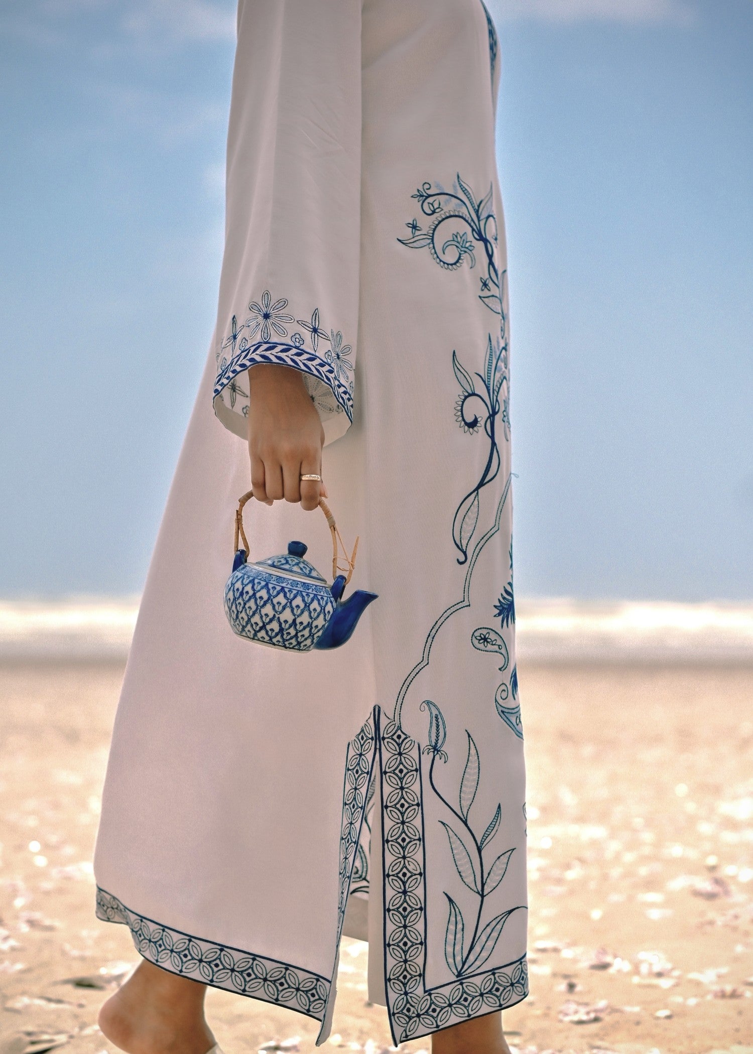 cotton viscose Kurta Set in White smoke