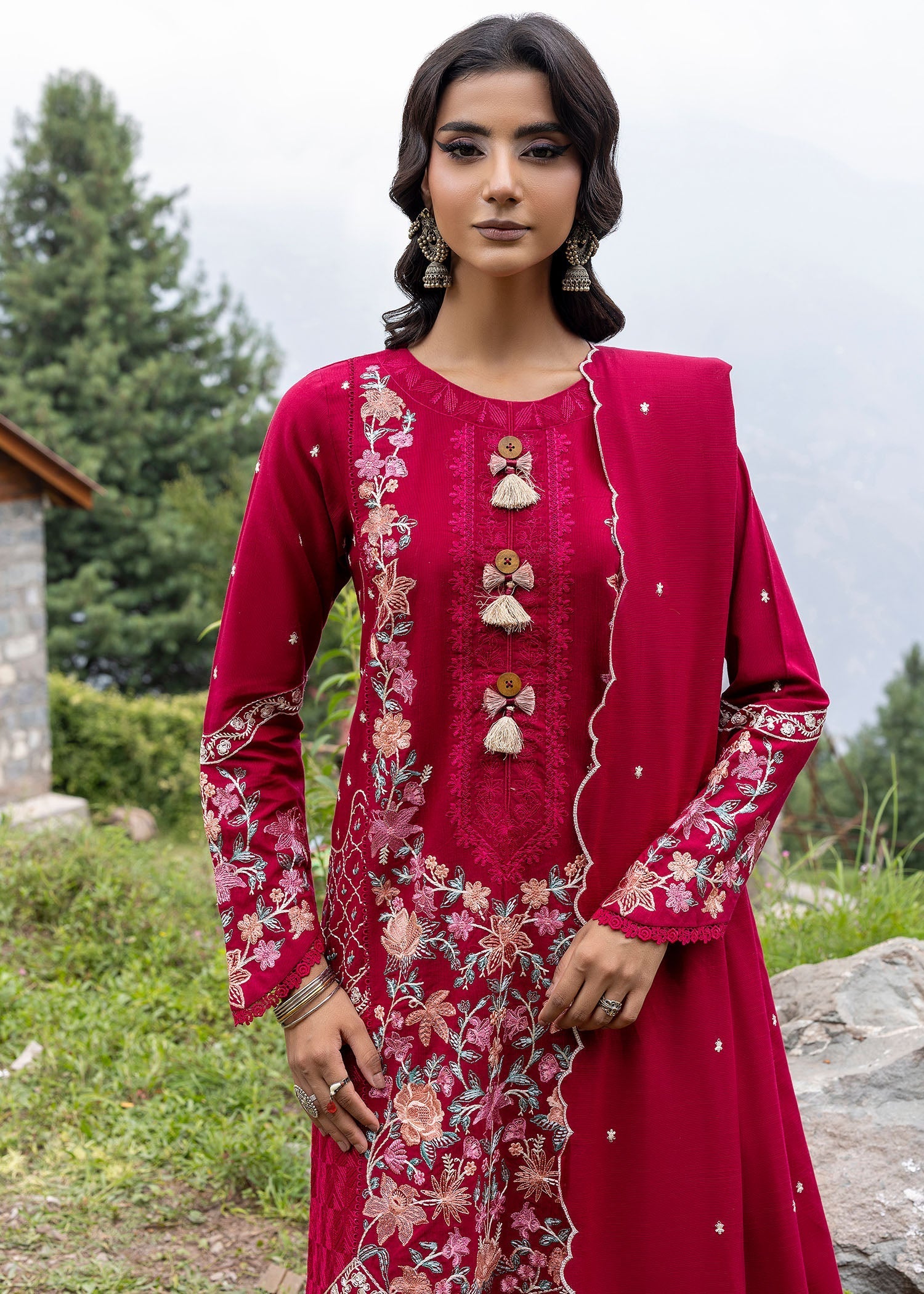 khaddar Kurta Set in Hot pink red