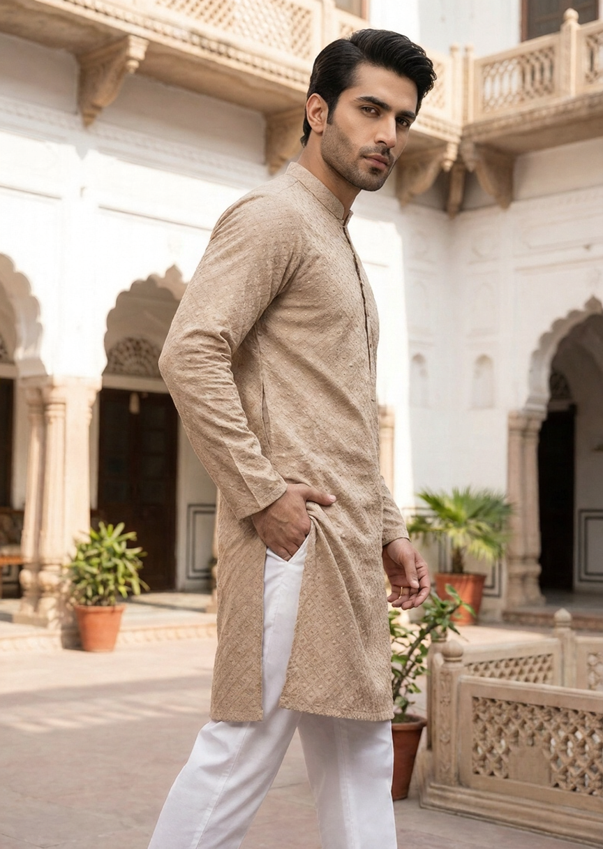 chikankari cotton Kurta in Camel brown