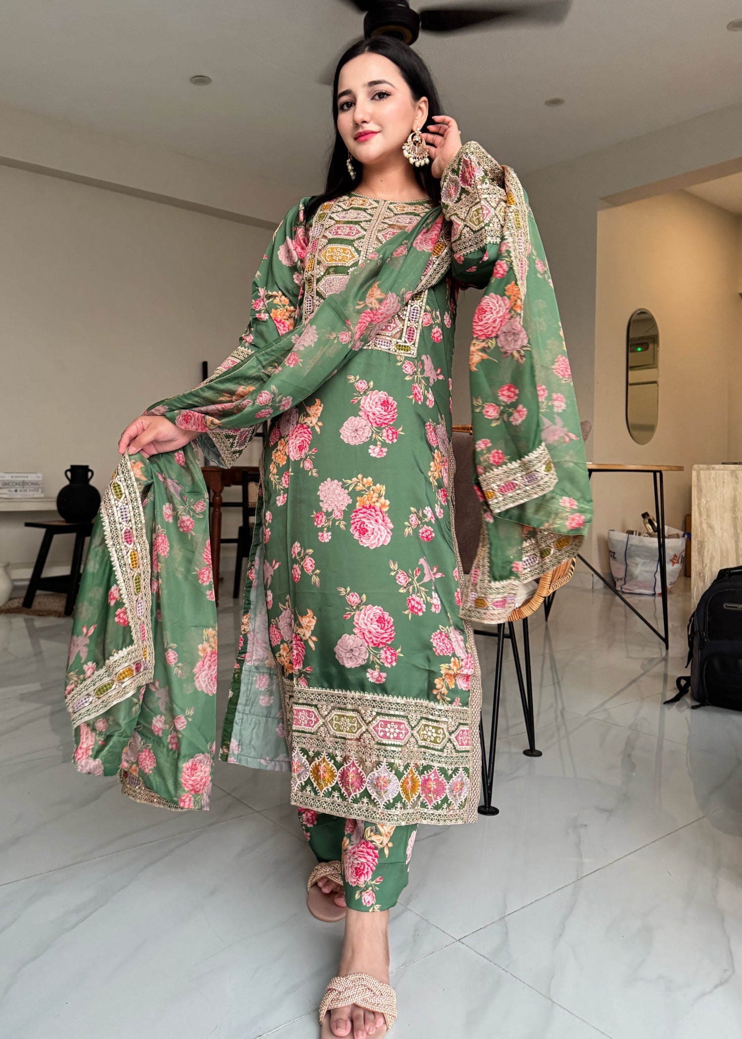 silk Kurta Set in Fern green