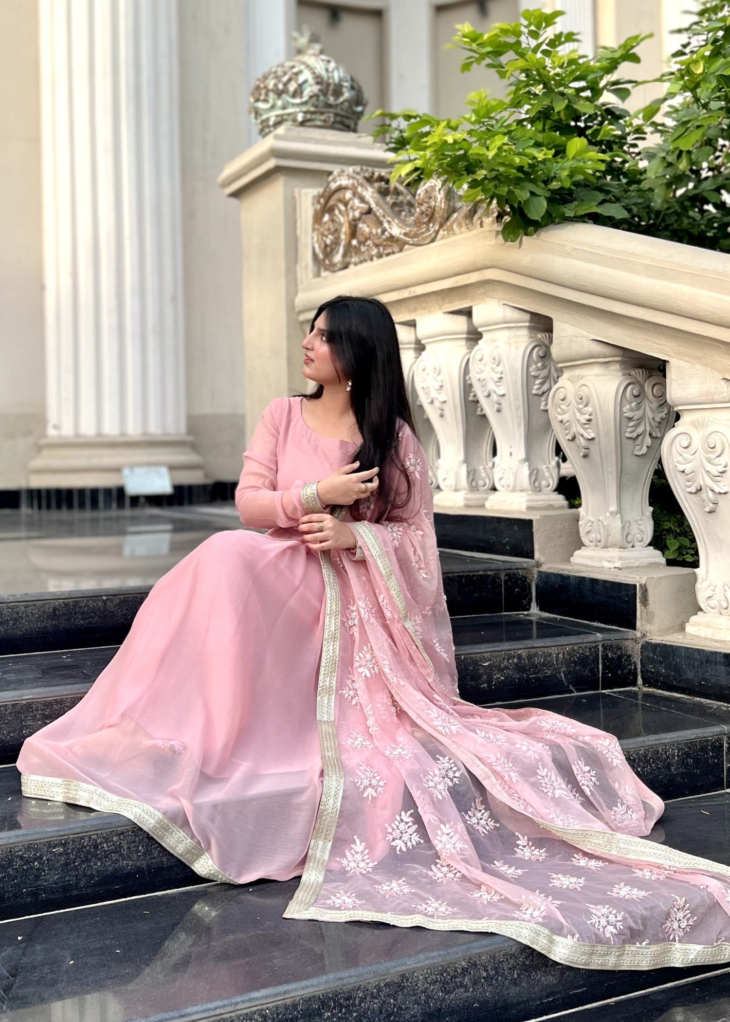 bemberg crinkle chiffon Anarkali in Pastel pink