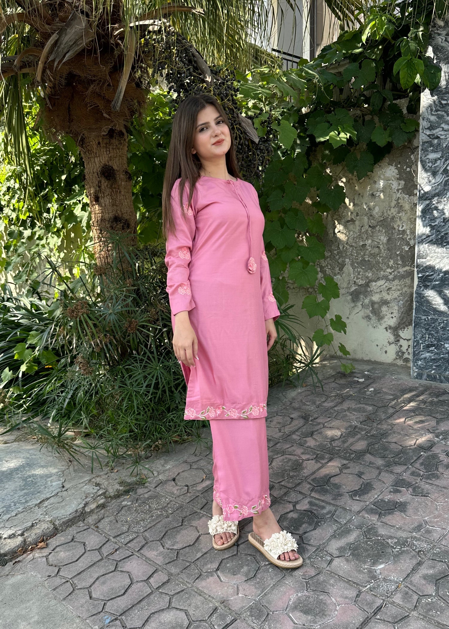 arabic lawn Kurta Set in Tea rose pink