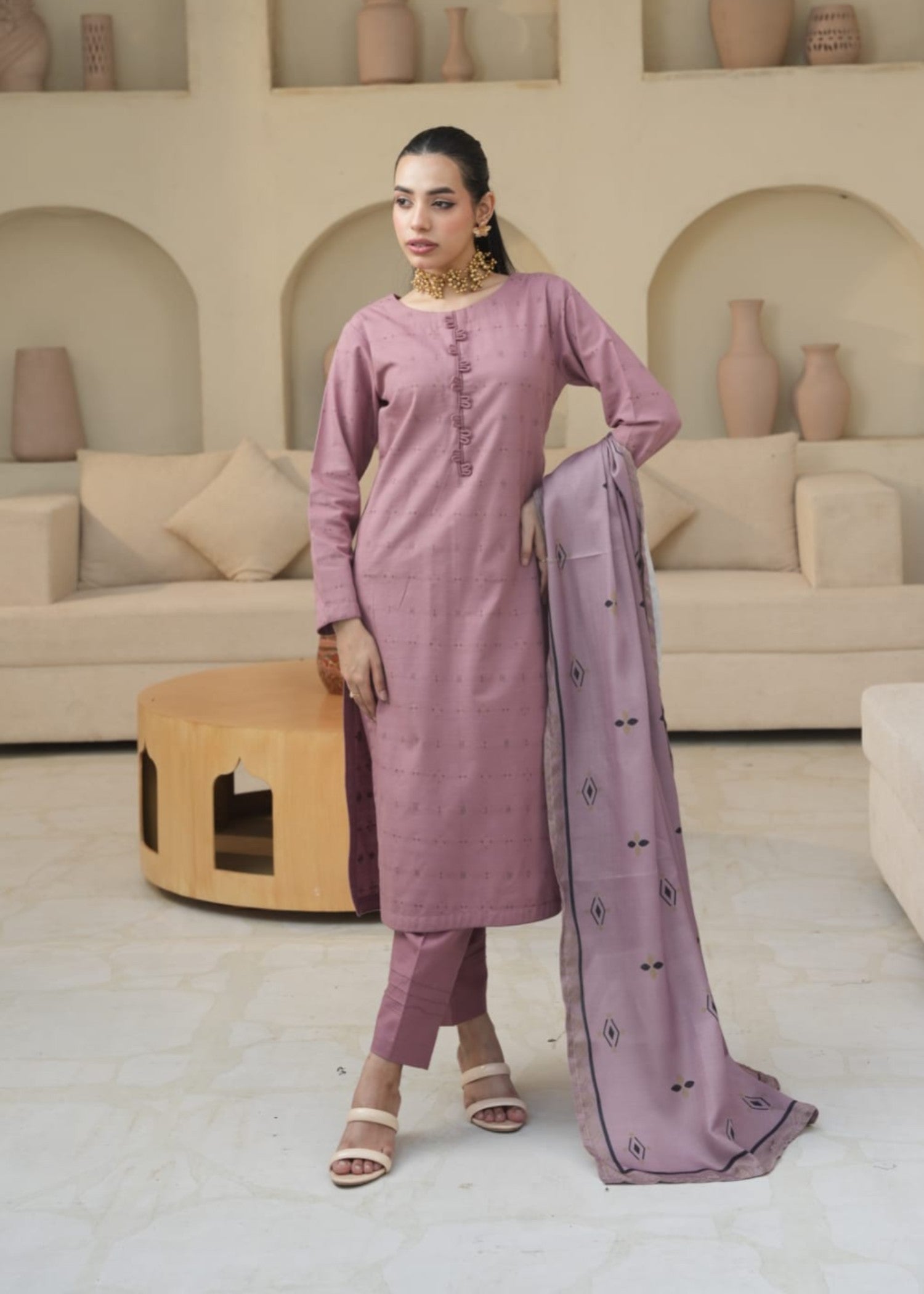 khaddar Kurta Set in Mauve pink