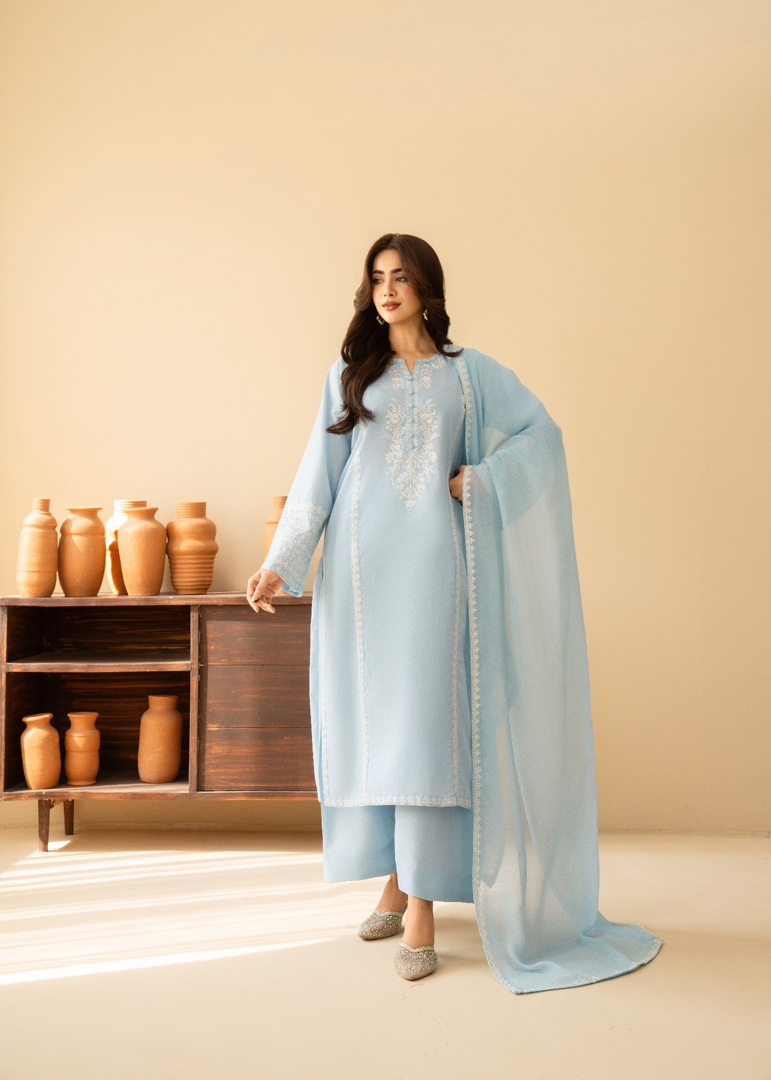 lawn cotton Kurta Set in Ice blue