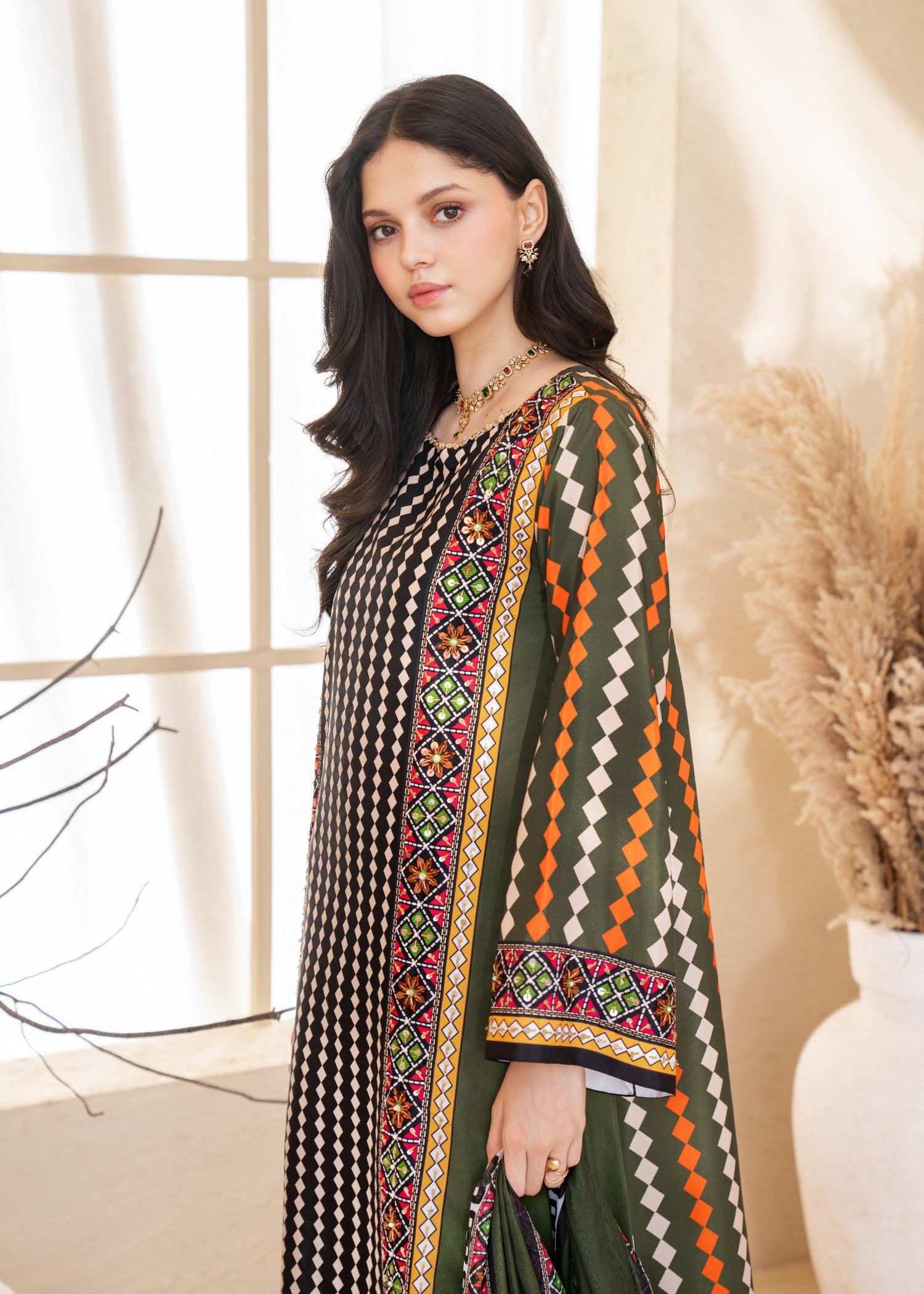 silk grip Kurta Set in Walnut brown, coral orange, olive green